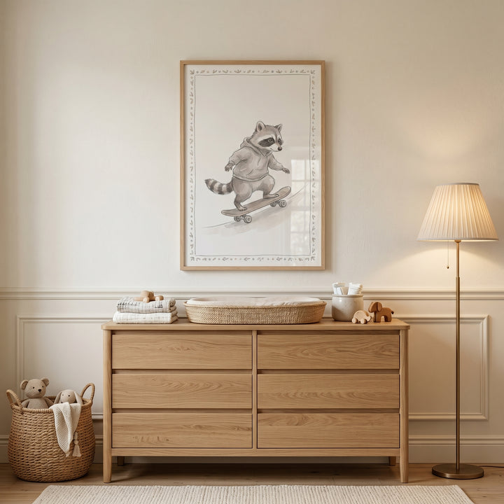 Skateboarding grey hoodie raccoon wall art hangs above a wooden dresser beside a floor lamp and toy basket.