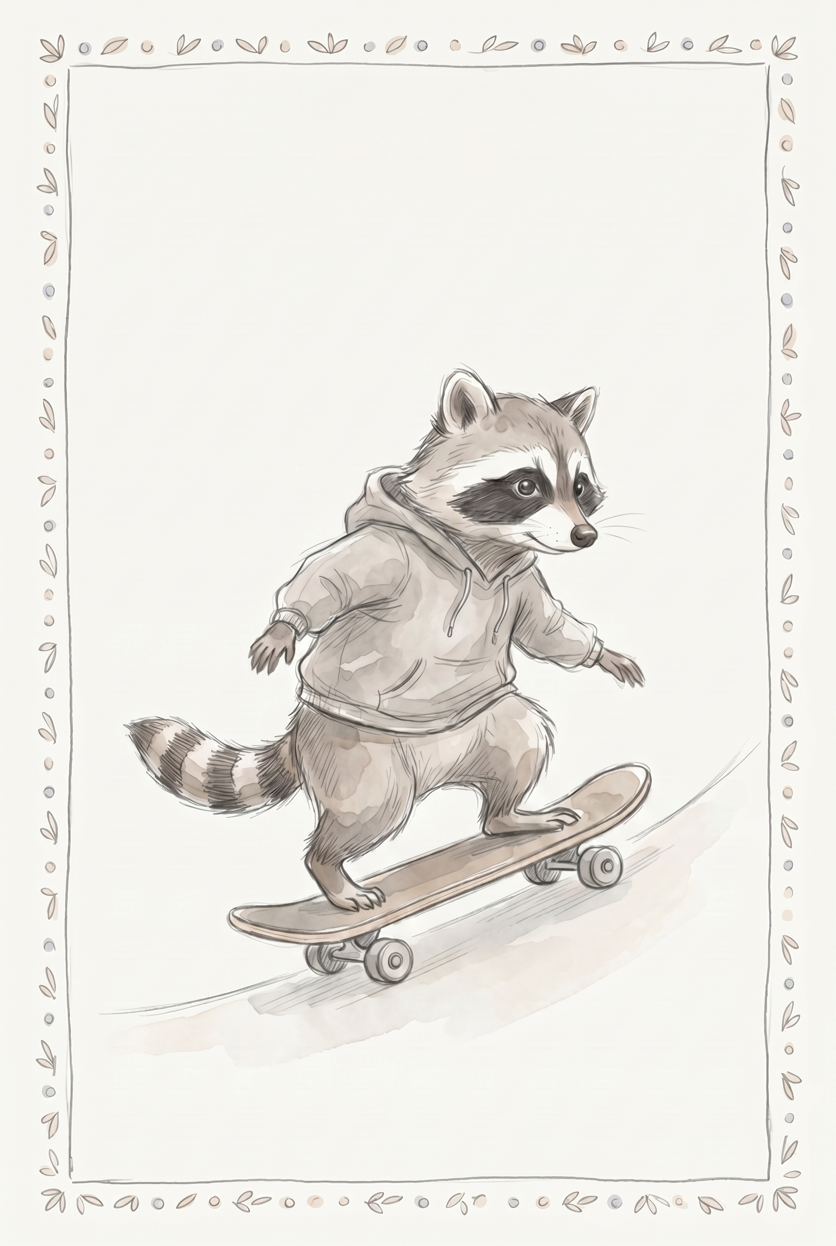 Skateboarding Grey Hoodie Raccoon Wall Art - Skater Raccoon Sketch