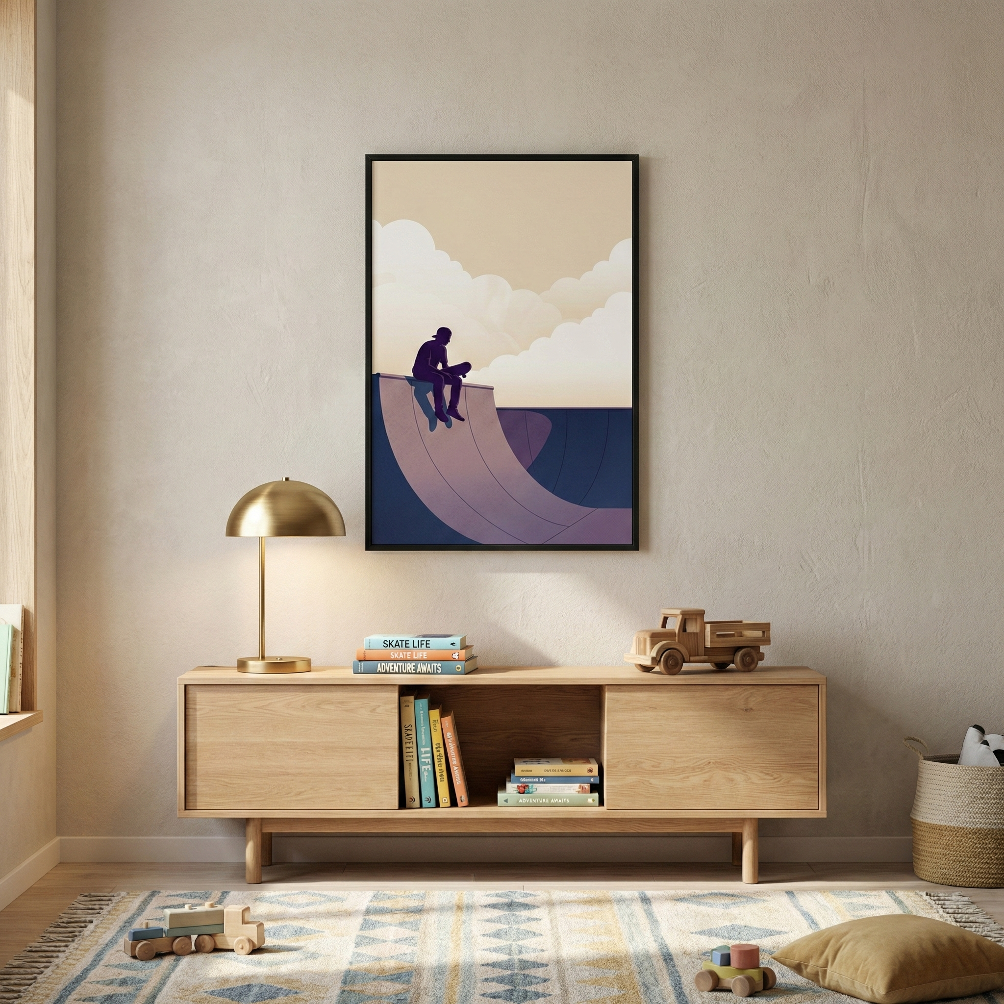 A modern interior scene features a minimalist piece of wall art centered on a neutral wall. The artwork, in a black frame, displays a stylized illustration of a silhouetted figure sitting atop a skate ramp against a cloud-filled sky in shades of lavender, blue, and cream. Below sits a light wood sideboard holding a gold desk lamp, a stack of books, and a wooden toy truck. A patterned rug on the floor holds wooden toys and a plush pillow, creating a warm, cozy atmosphere.