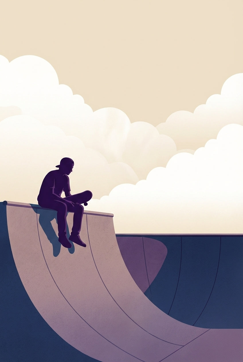 Stylized drawing of a young man in a cap sitting on the edge of a skate ramp, holding his skateboard and gazing out at the sky.