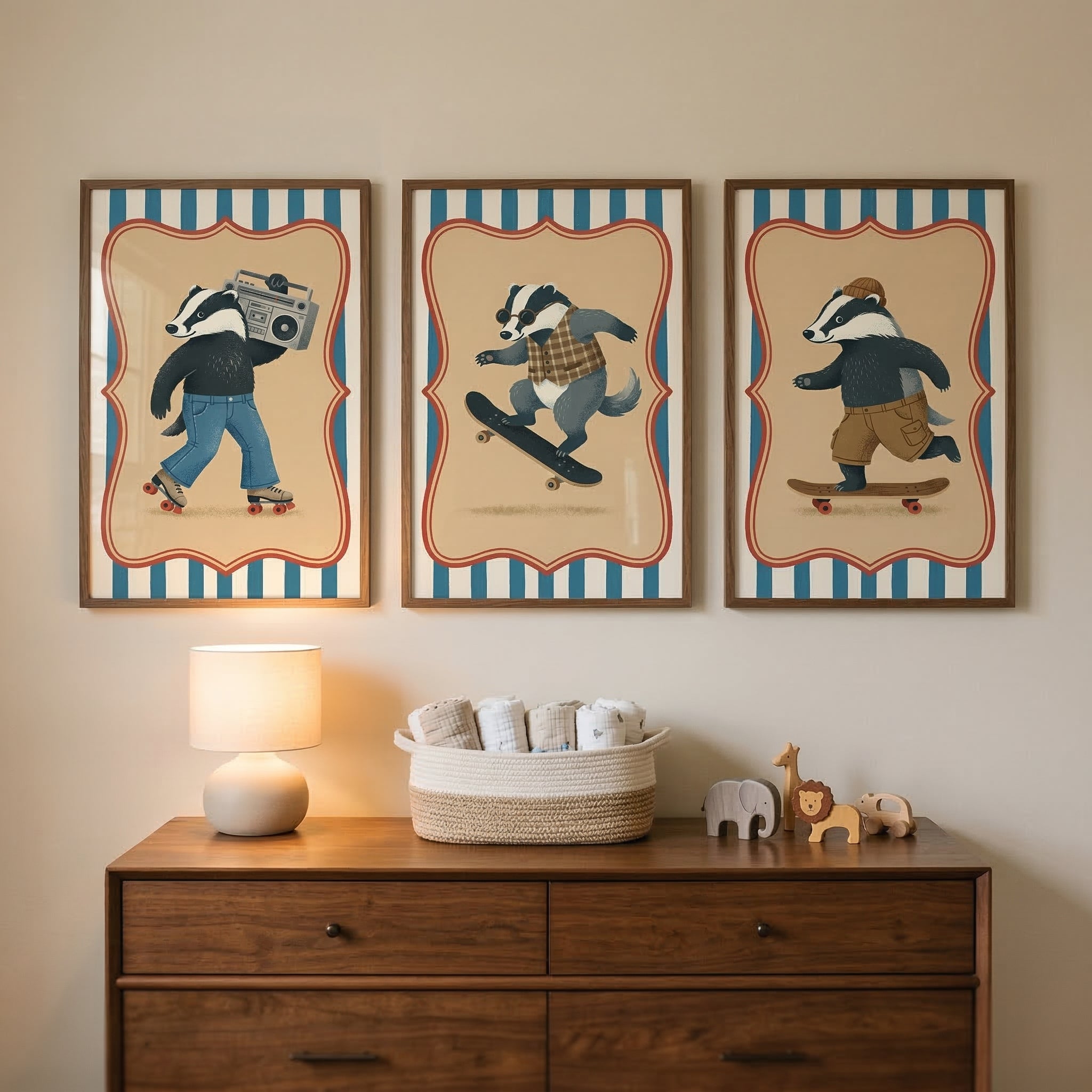Skating Badger Trio Wall Art Set of 3 - Retro Badger Crew