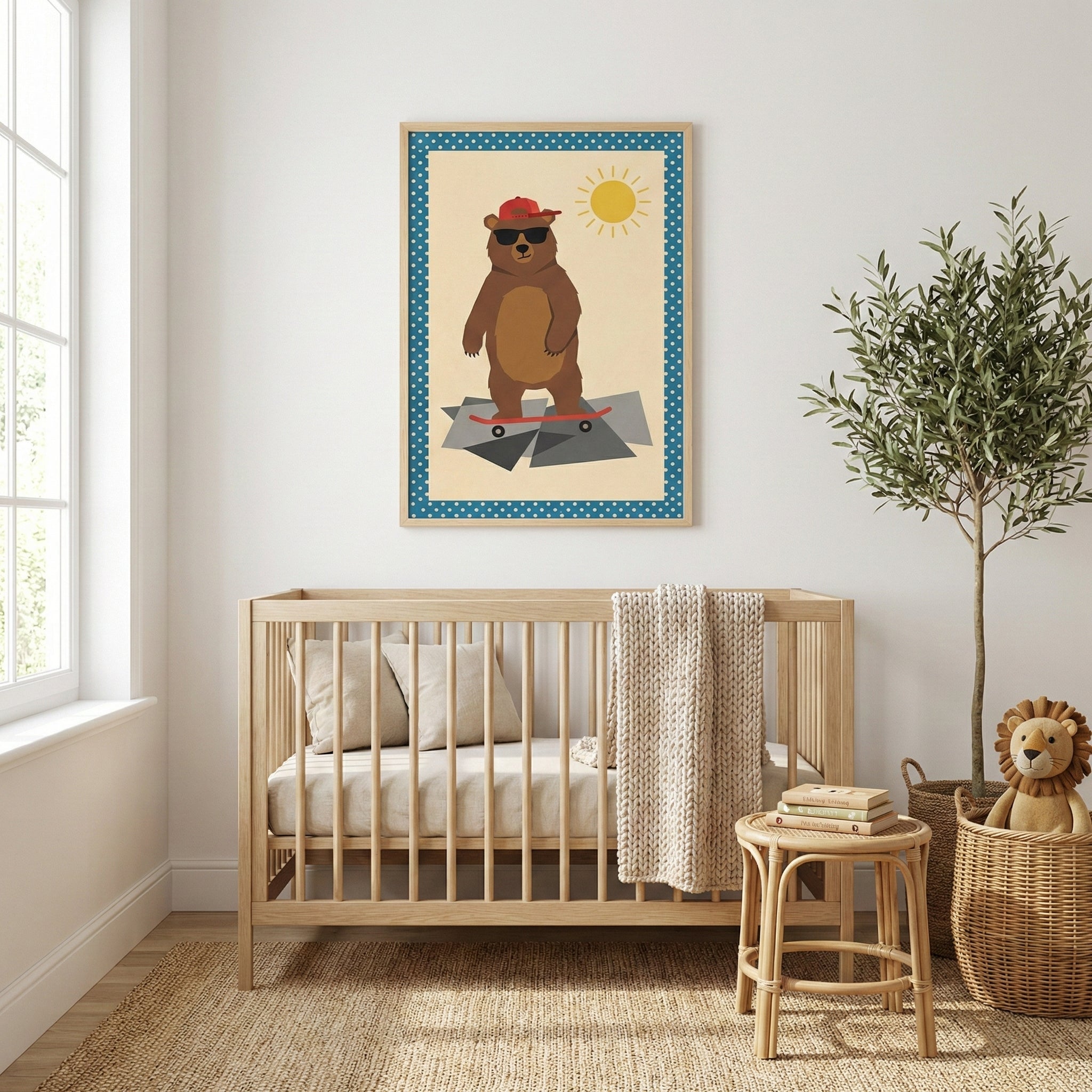 A sunlit nursery featuring a light-colored wood crib centered against a neutral wall. Above the crib, a framed illustration depicts a whimsical brown bear wearing a red cap and sunglasses while riding a red skateboard on a grey geometric surface. The room is decorated with a tall potted plant, a small rattan stool holding books, and a woven basket containing a plush lion toy. Soft light from a large window on the left illuminates the space, which is anchored by a textured jute rug on a wooden floor.