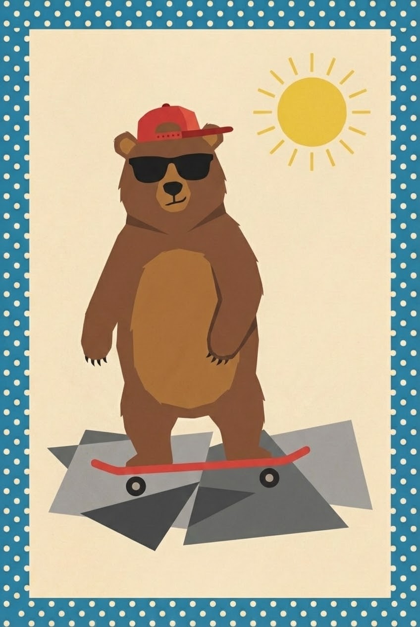 A brown bear in a backward red cap and black sunglasses balances calmly on a red skateboard, with abstract geometric pavement and sun overhead.

