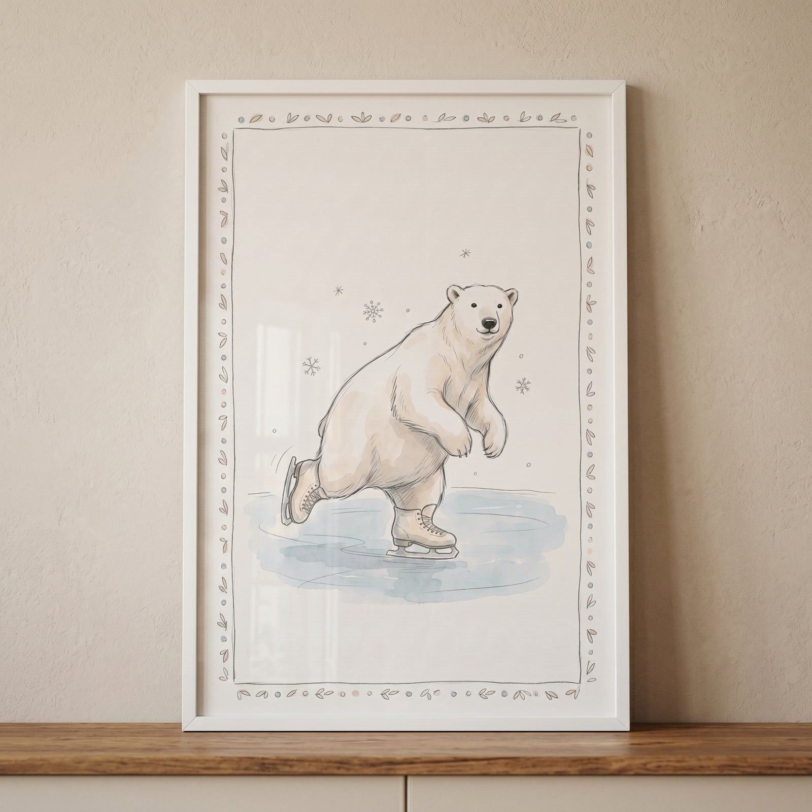 Framed skating polar bear wall art shows a polar bear on ice skates with snowflakes and a decorative border.