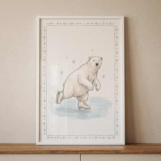 Framed skating polar bear wall art shows a polar bear on ice skates with snowflakes and a decorative border.