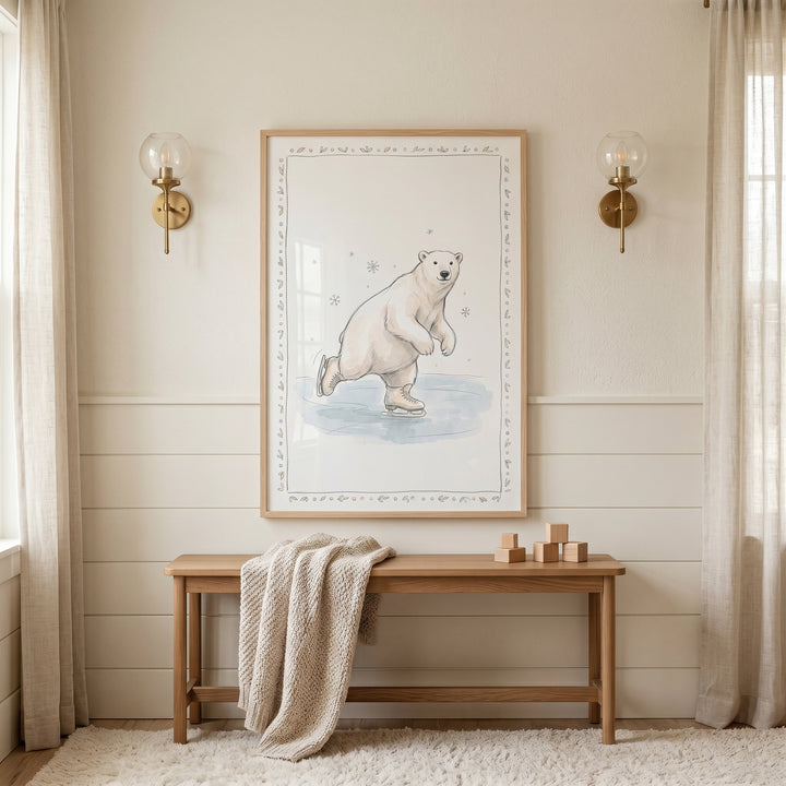 Skating polar bear wall art above a wooden bench with a knit blanket and brass sconces on a white paneled wall.