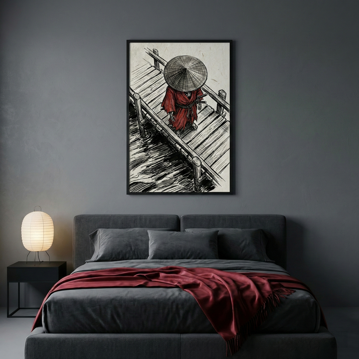 A modern, minimalist bedroom features a dark grey wall and a charcoal-upholstered bed. On the bed, a deep red throw blanket adds a pop of color alongside matching grey pillows. To the left, a small black bedside table holds a spherical paper lantern lamp. Centered above the headboard is a large framed piece of art showing a figure in a red robe and a wide, conical straw hat standing on a wooden dock over water, rendered in a high-contrast ink drawing style.