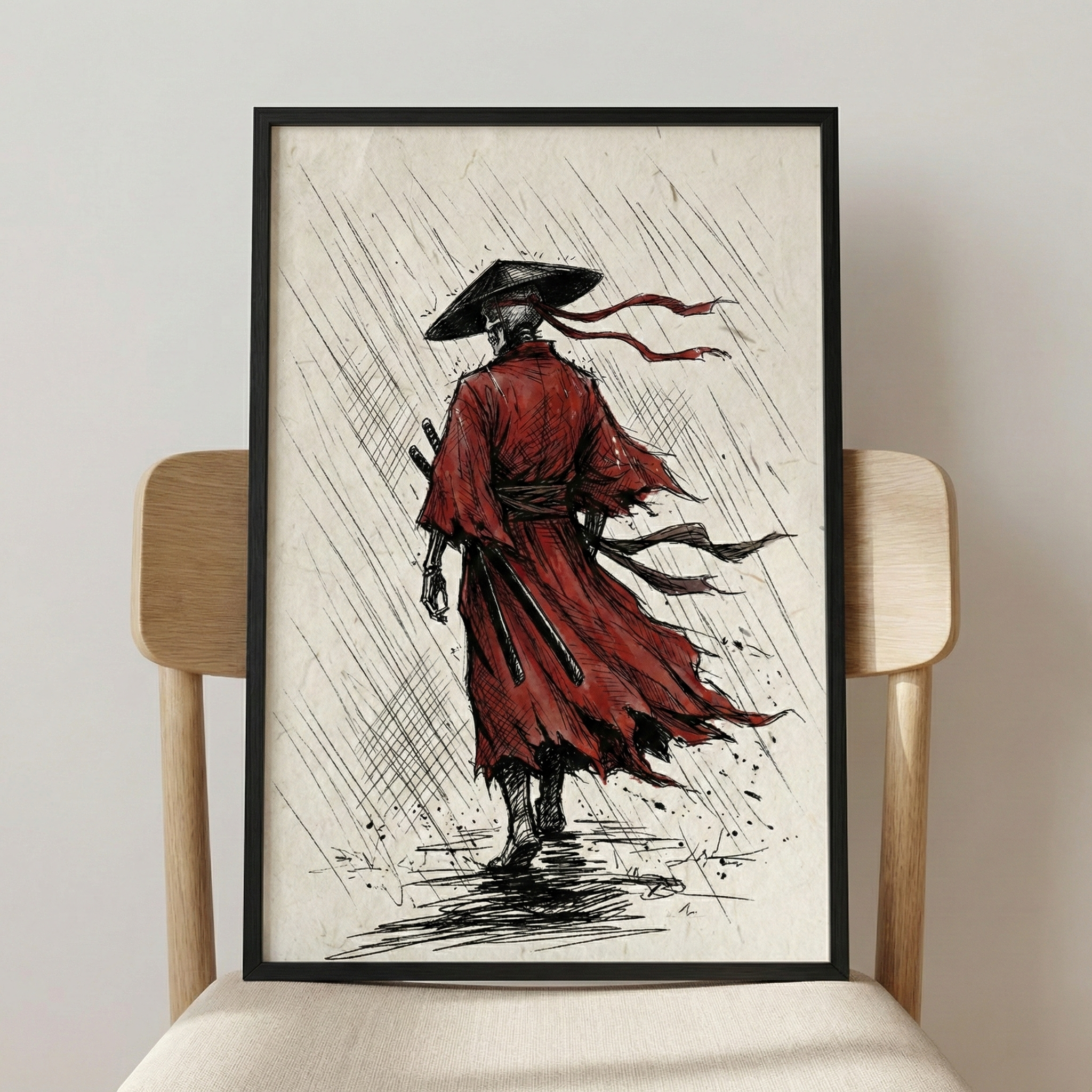 A framed vertical illustration depicts a skeletal warrior from behind, walking through a downpour. The figure wears a frayed, deep red robe and a wide, black conical hat with long ribbons streaming behind. Two swords are tucked into a sash at the waist. The artwork uses a sketch-like style with heavy cross-hatching for texture and diagonal lines to represent rain on a parchment-like background. The piece is encased in a simple black frame and rests on a light-toned wooden chair.