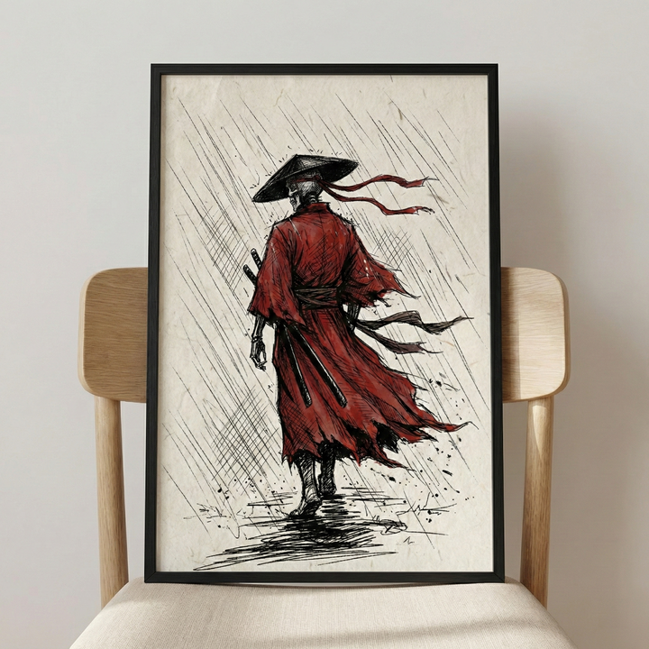 A framed vertical illustration depicts a skeletal warrior from behind, walking through a downpour. The figure wears a frayed, deep red robe and a wide, black conical hat with long ribbons streaming behind. Two swords are tucked into a sash at the waist. The artwork uses a sketch-like style with heavy cross-hatching for texture and diagonal lines to represent rain on a parchment-like background. The piece is encased in a simple black frame and rests on a light-toned wooden chair.