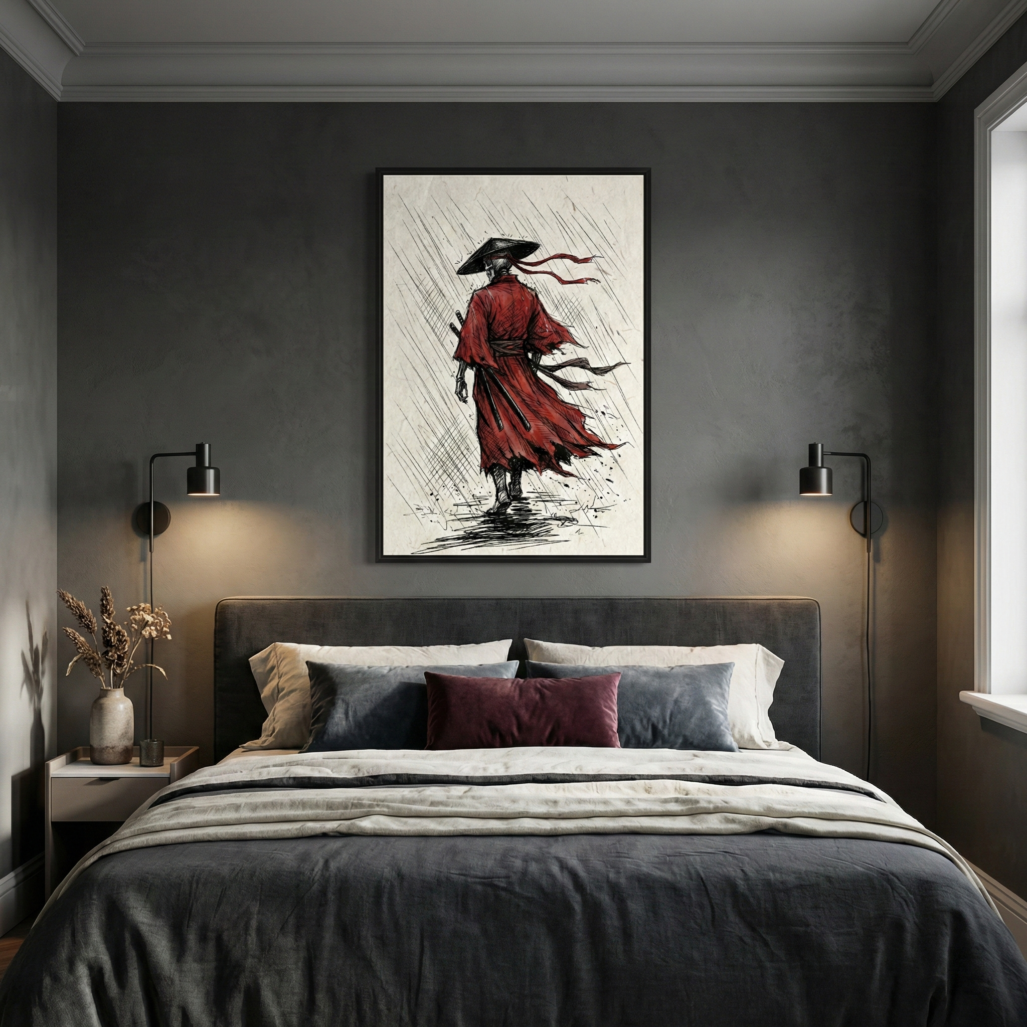 A modern bedroom features dark gray walls and a bed with charcoal and white linens. Centered above the headboard is a framed vertical illustration of a lone warrior in a flowing red robe and a black conical hat, seen from behind as they walk through falling rain. The artwork uses a sketchy, ink-drawn style on a white background. Two black wall-mounted lamps flank the bed. To the left, a small nightstand holds a light-colored vase with dried flowers. Soft light enters from a window on the right.