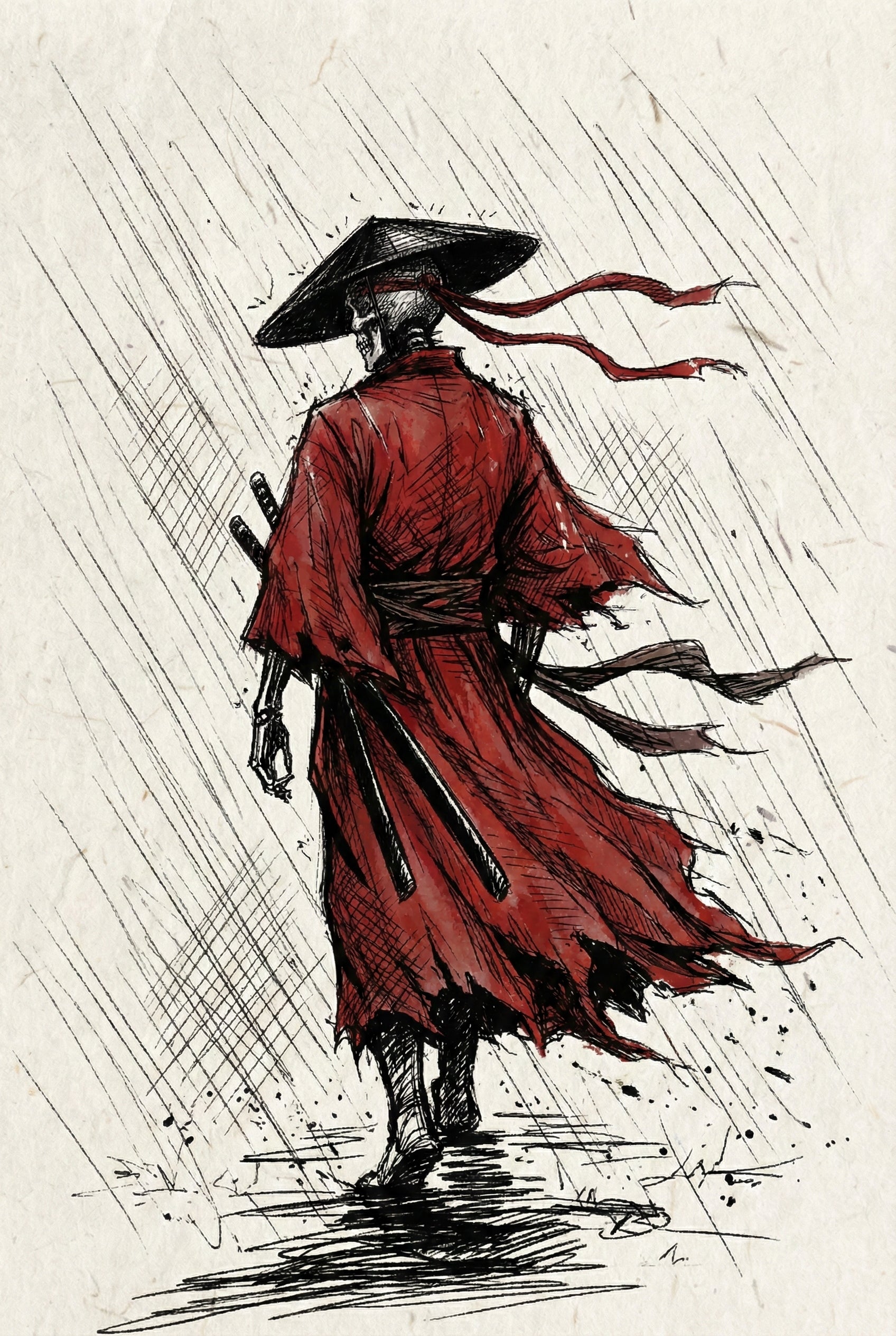  Rear view of a skeletal samurai in a tattered red robe walking through heavy rain with two swords at his side. Diagonal ink strokes emphasize the storm and movement, creating a dramatic and solitary scene.
