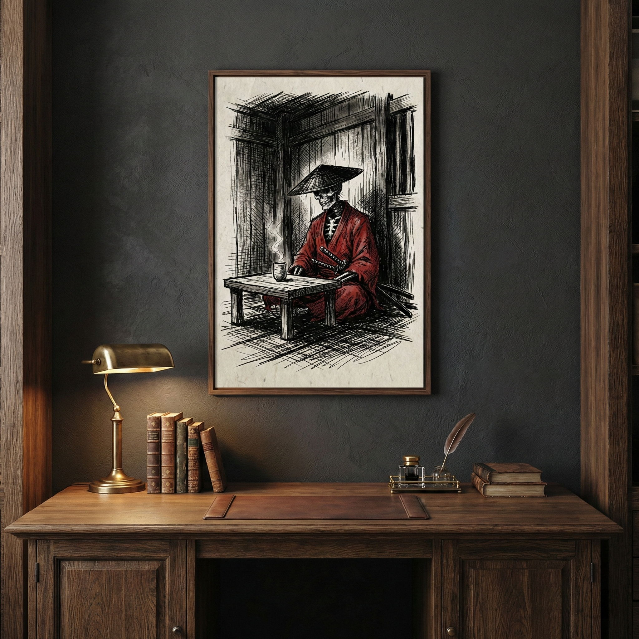 A framed sketch hangs on a dark gray wall above a wooden desk. The artwork depicts a skeletal figure in a red robe and conical hat, sitting at a small wooden table with a steaming cup. The figure has two swords at its waist. On the desk below, there is a green banker's lamp, a quill in an inkwell, and several aged, leather-bound books. The illustration is done in a cross-hatched style with a weathered paper texture. The scene is lit by the warm glow of the lamp.