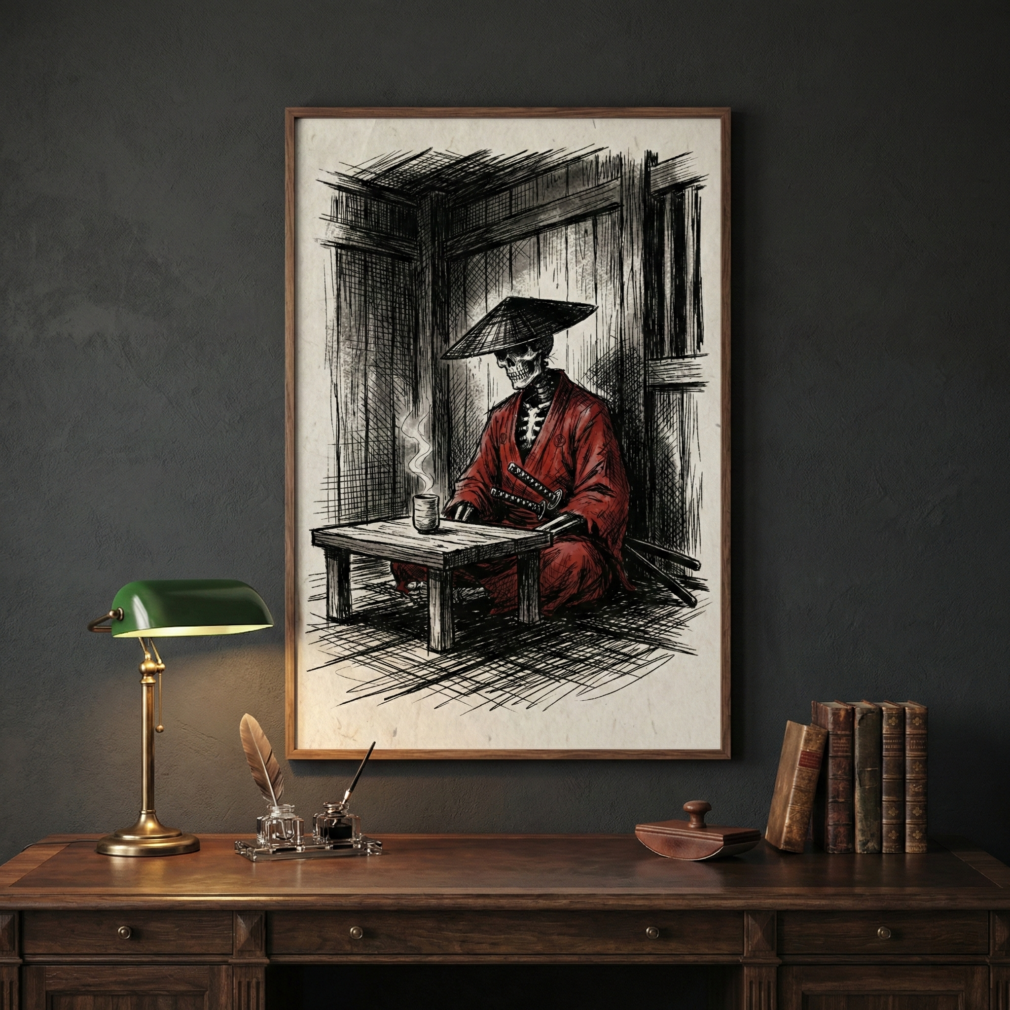 A framed illustration hangs on a dark gray wall above a wooden desk. The desk is furnished with a brass banker's lamp, a row of vintage books, a leather desk mat, and a quill and ink set. The art piece is a sketch of a skeleton dressed in a bright red robe and a conical hat, sitting at a low wooden table with a steaming cup. Two swords are tucked into the figure's waist. The background of the sketch depicts a simple wooden room, rendered in a dark, cross-hatched style.