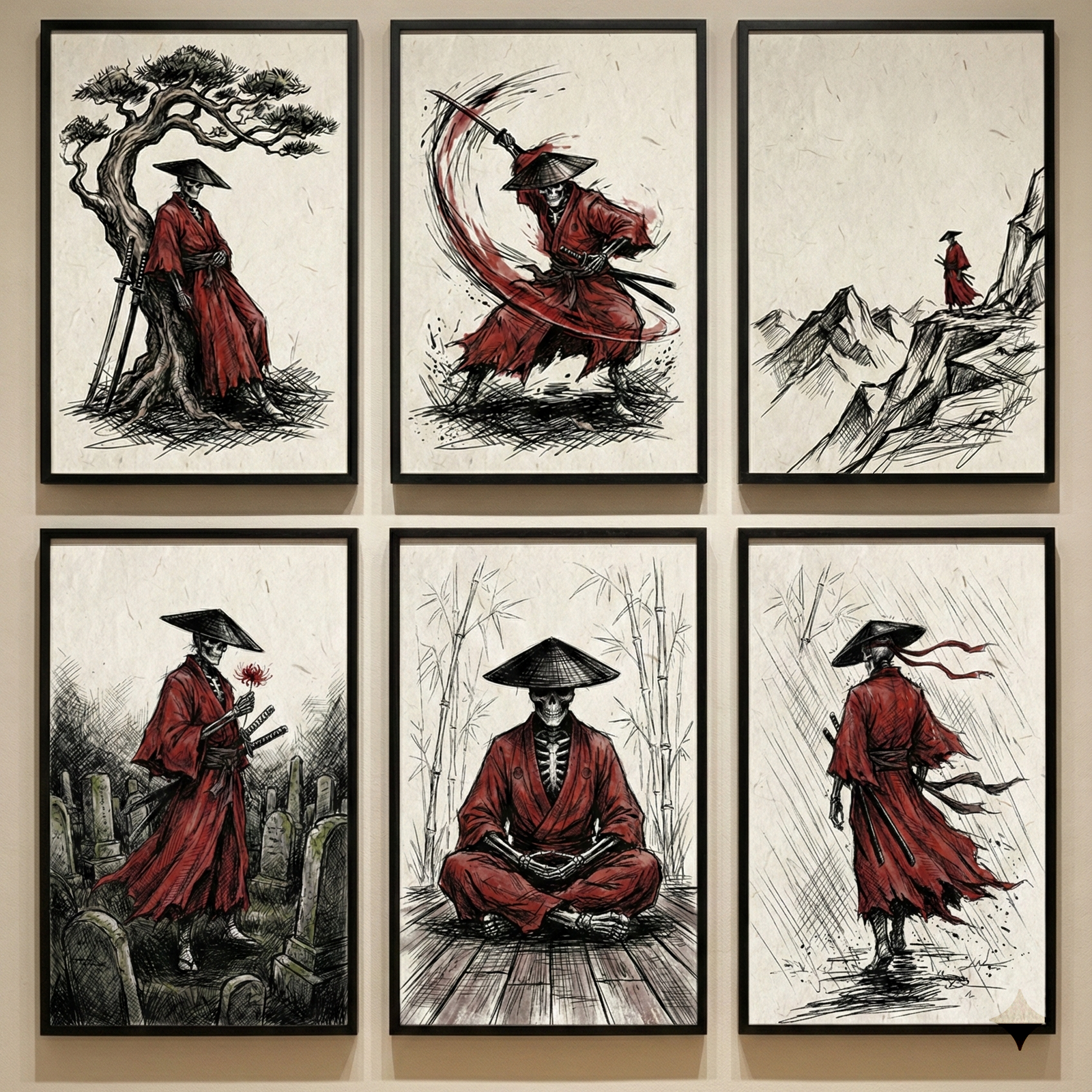 Six framed ink sketches are arranged in a grid, featuring a skeletal warrior in a tattered red robe and a traditional conical hat. The upper row shows the figure leaning against a gnarled tree, swinging a sword with a bold red motion arc, and standing on a distant mountain peak. The bottom row depicts the skeleton in a graveyard holding a red flower, sitting in meditation before bamboo, and walking through heavy rain. Each illustration is done with fine black lines on textured paper.