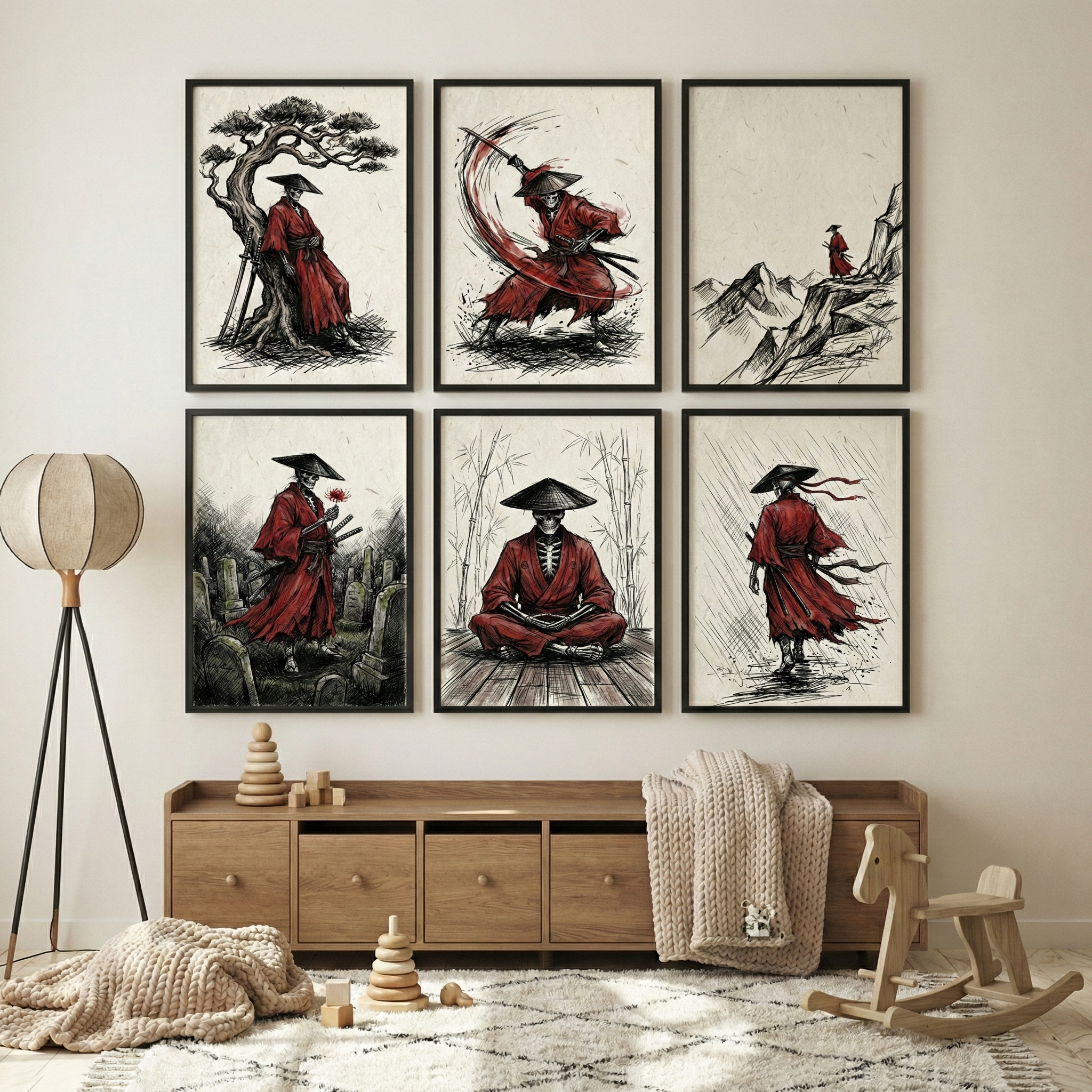 Skeleton Samurai Art Set of 6 - Crimson Skeleton Samurai