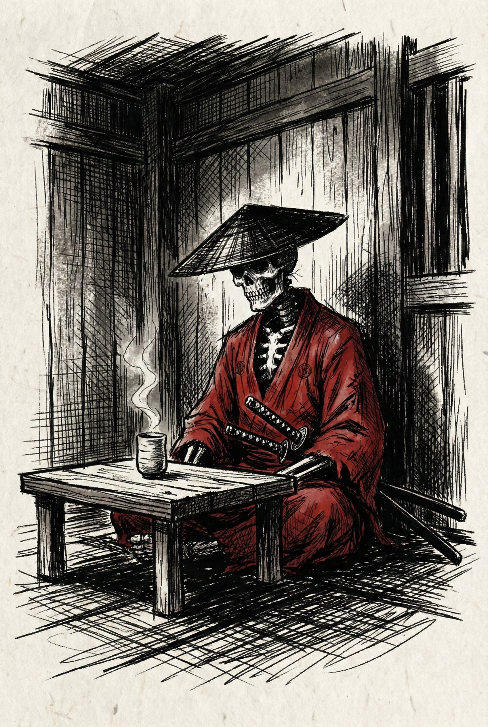 A skeletal samurai in a red robe sits at a low wooden table with a steaming cup in a shadowed traditional interior. The crosshatched ink drawing highlights the eerie yet contemplative mood of the scene.

