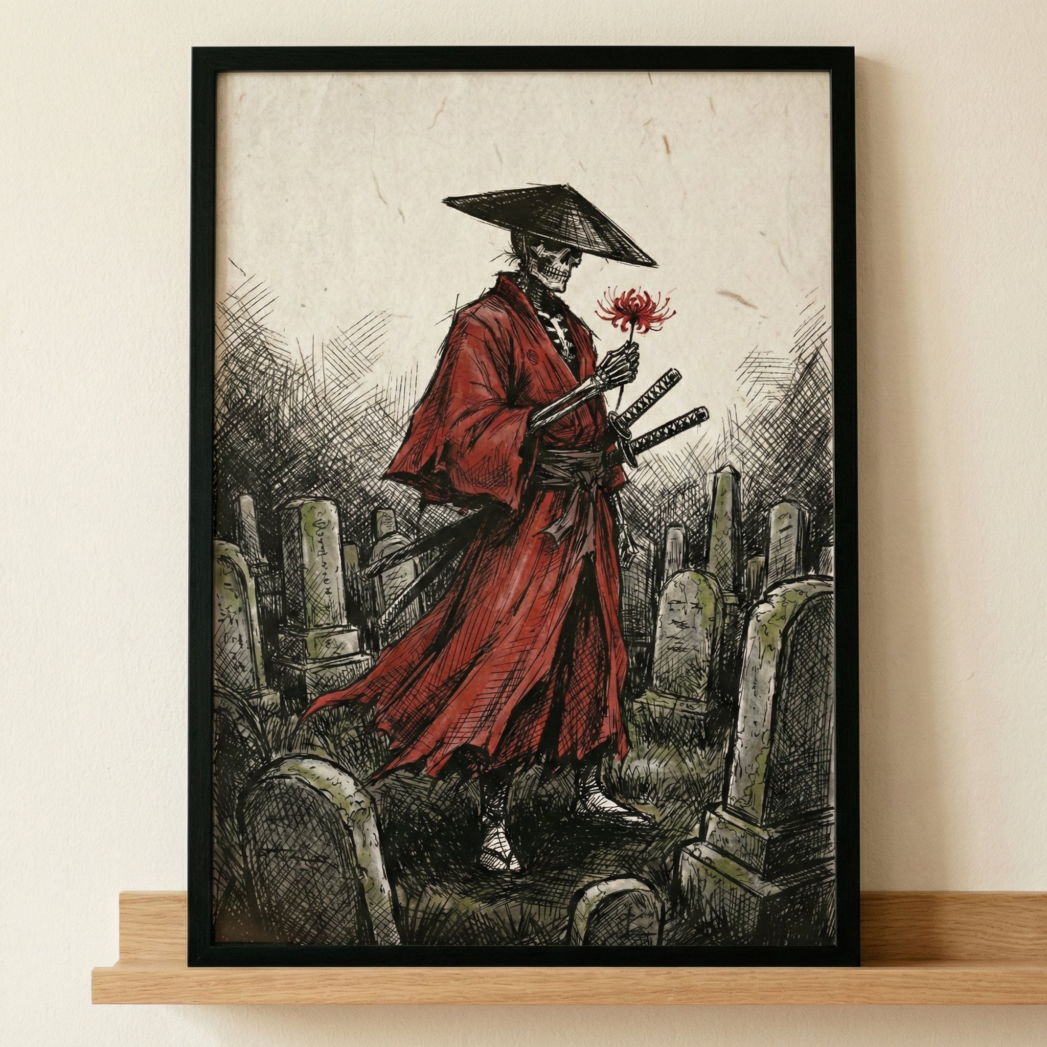 Framed illustration of a skeletal samurai wearing a flowing red robe and a wide straw hat standing among gravestones while holding a red spider lily. The dark ink style artwork contrasts the vivid red clothing and flower against a muted graveyard background, creating a dramatic and haunting atmosphere.