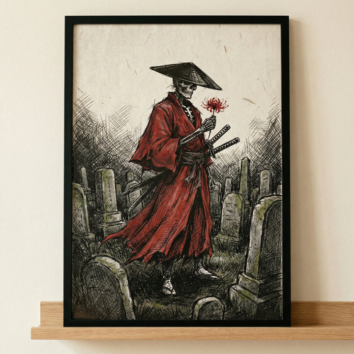Framed illustration of a skeletal samurai wearing a flowing red robe and a wide straw hat standing among gravestones while holding a red spider lily. The dark ink style artwork contrasts the vivid red clothing and flower against a muted graveyard background, creating a dramatic and haunting atmosphere.