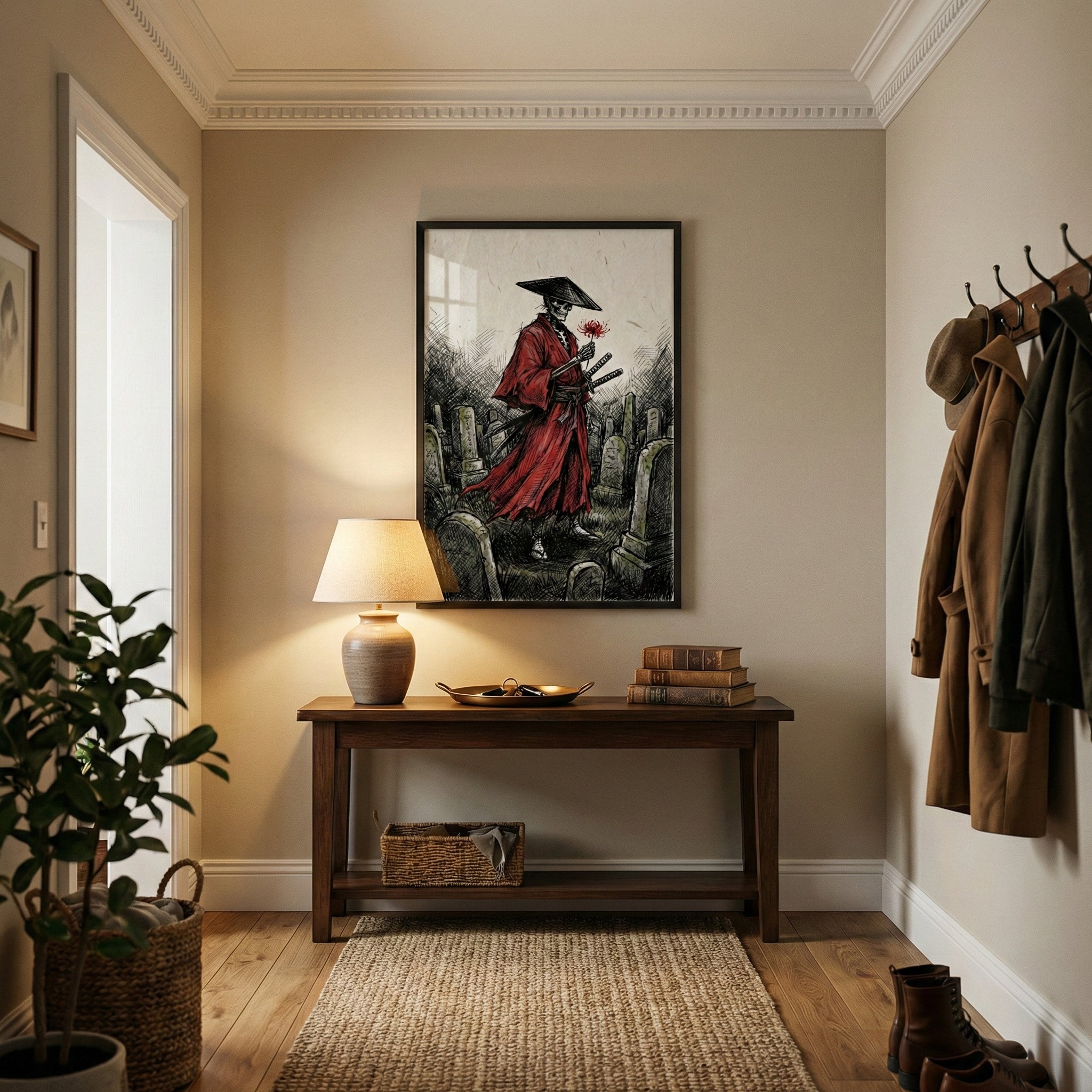 Framed artwork of a skeletal samurai in a flowing red robe hangs above a wooden console table in a softly lit entryway. A table lamp, stacked books, woven basket, and neutral decor create a warm and inviting hallway setting that contrasts with the dramatic graveyard illustration.