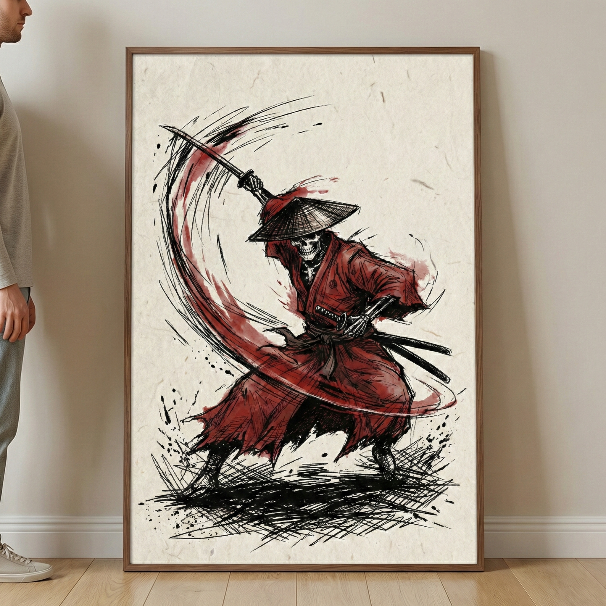 A large vertical illustration in a dark wood frame depicts a skeletal samurai. The figure wears a tattered red robe and a black conical hat, captured in a dynamic pose while swinging a long sword. Sweeping black lines and red washes follow the sword's arc, conveying intense motion. The artistic style is expressive and sketch-like, featuring bold, energetic ink strokes and splatters against a textured, parchment-colored background.