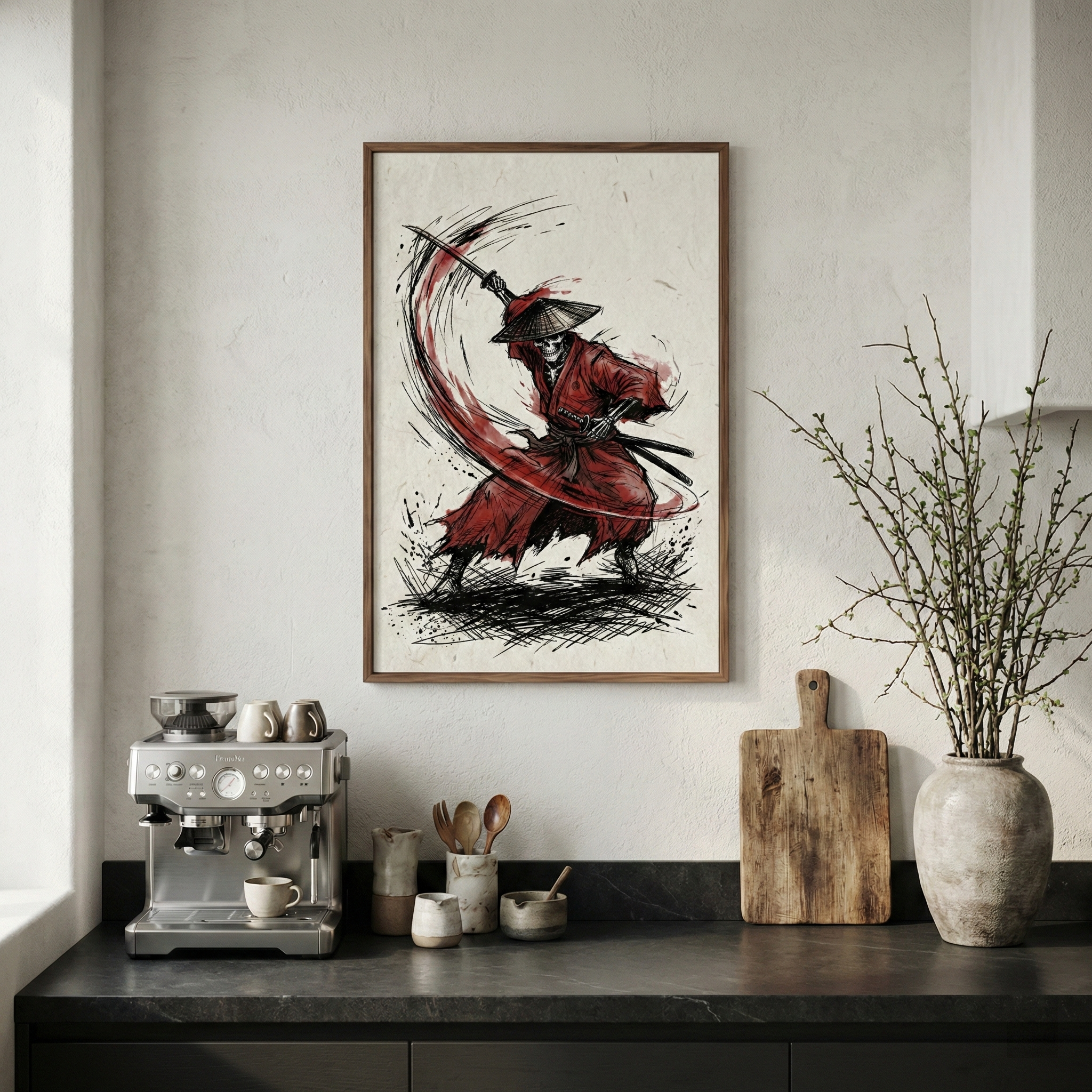A bright kitchen setup shows a framed artwork on a textured white wall. The illustration features a skeletal warrior in a red robe and conical hat, brandishing a sword with a circular red motion streak. Below on a dark countertop sits a silver espresso machine, several small ceramic containers with wooden spoons, a wooden cutting board, and a tall ceramic vase holding thin, leafless branches. The scene is lit with soft natural light from the side.