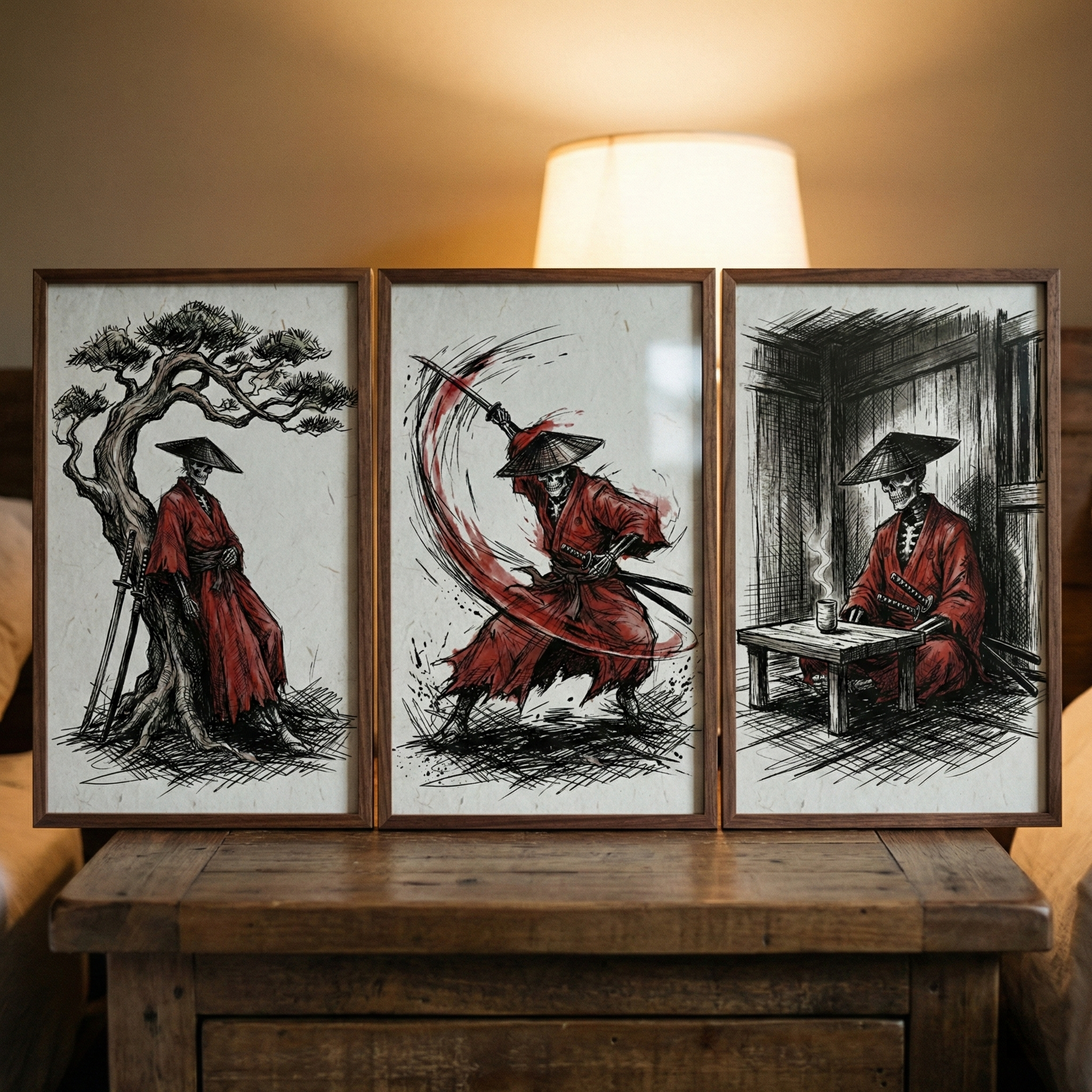Skeleton Samurai Print Set Of 3 - Crimson Samurai Spirit