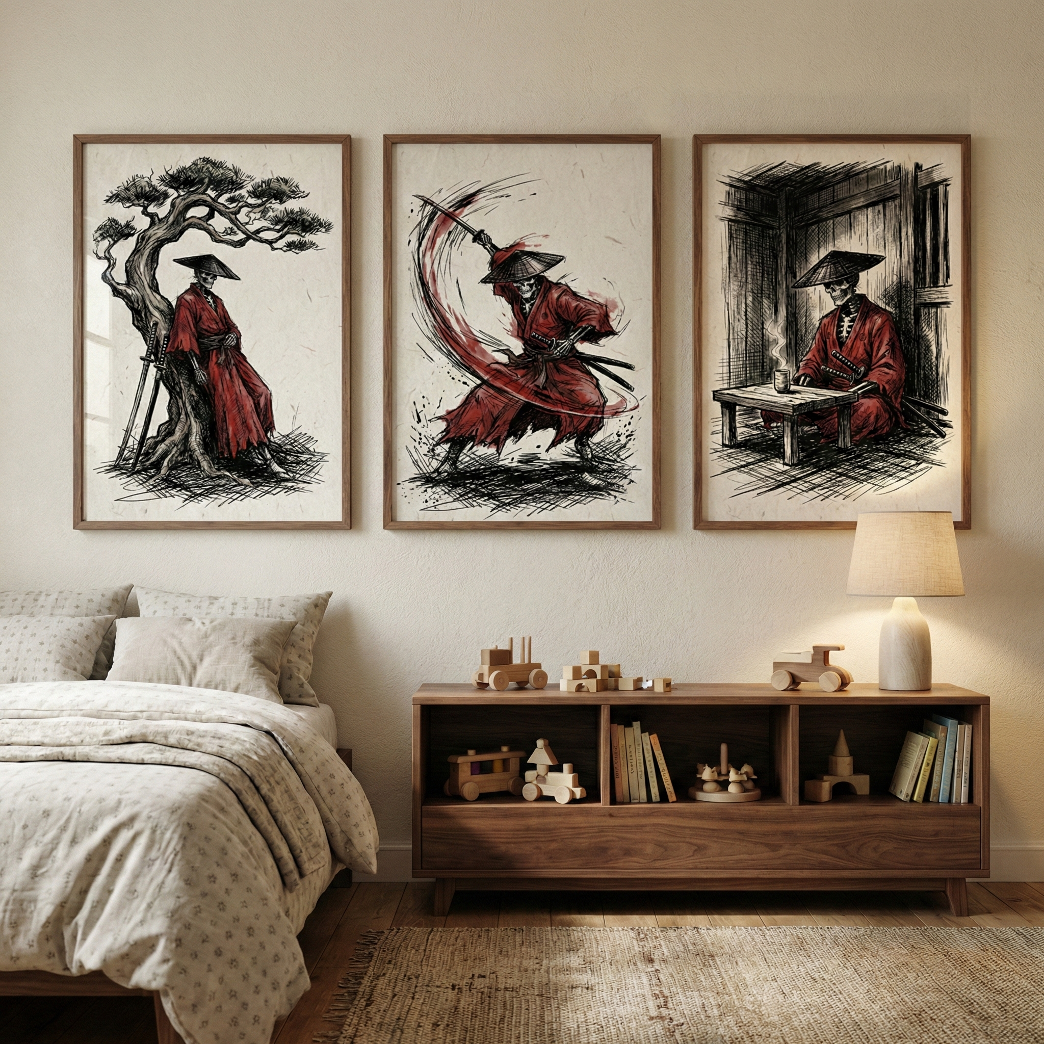 Skeleton Samurai Print Set Of 3 - Crimson Samurai Spirit