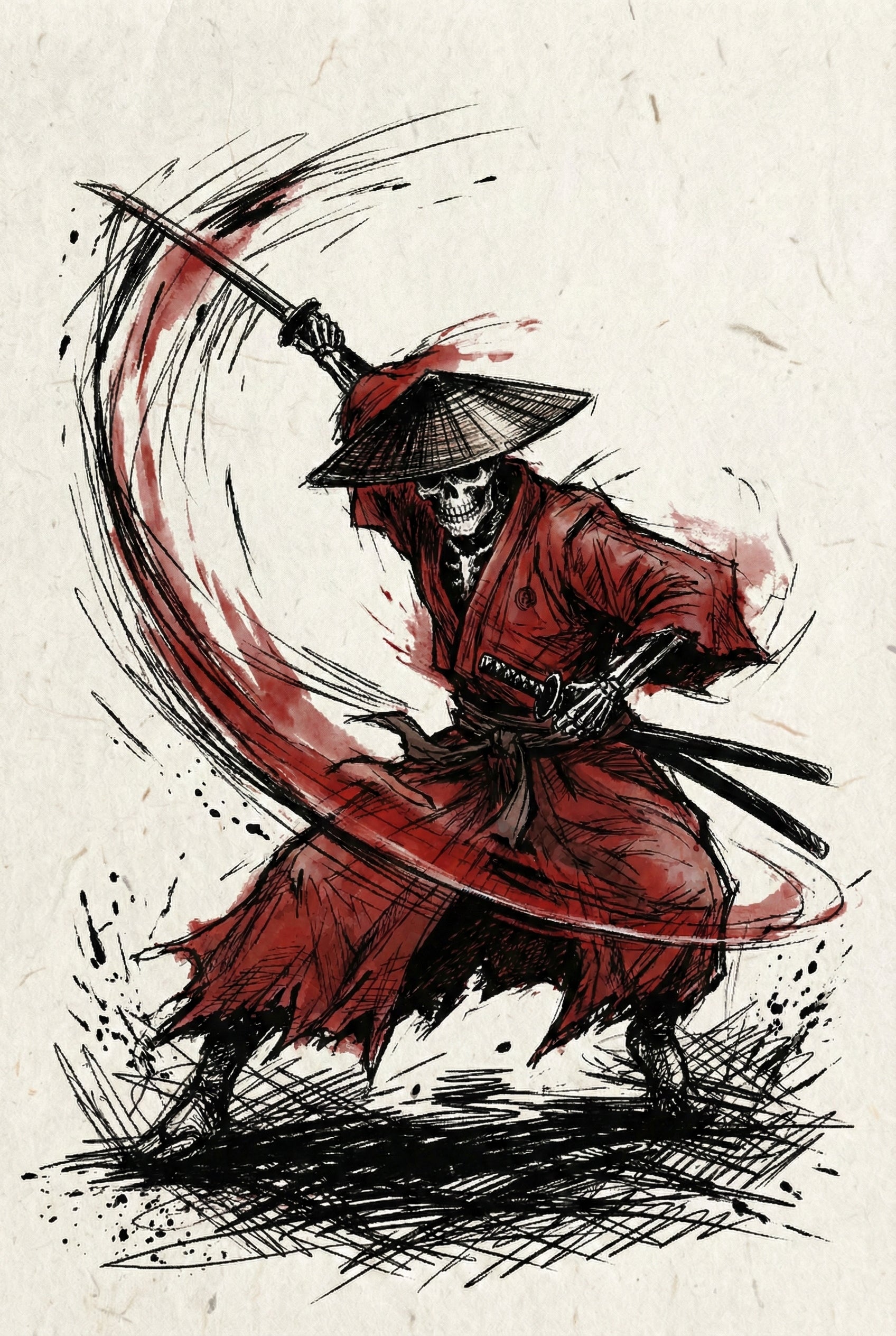 A skeletal samurai in a red robe swings a katana in a wide arc, with bold red brushstrokes tracing the motion of the blade. The dynamic ink sketch captures intense action against a minimal parchment background.
