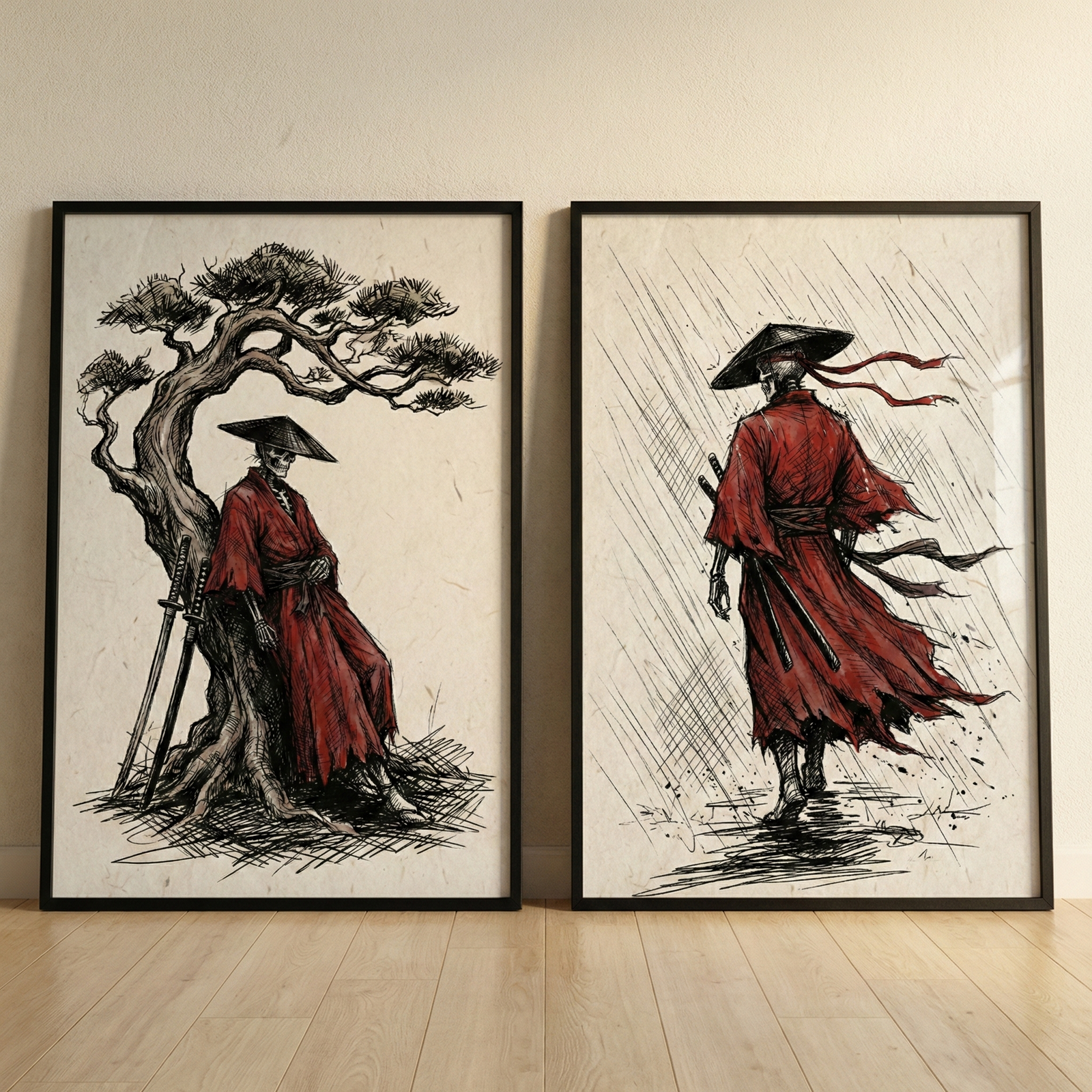 Two framed ink-style illustrations lean against a neutral wall. On the left, a skeletal warrior in a tattered red robe and black conical hat rests against a gnarled tree, with two long swords propped against the trunk. On the right, the same figure is shown from behind, walking through heavy rain with red ribbons trailing from its hat and swords strapped to its back. Both pieces use a minimalist black and red sketch style on a parchment-like background.
