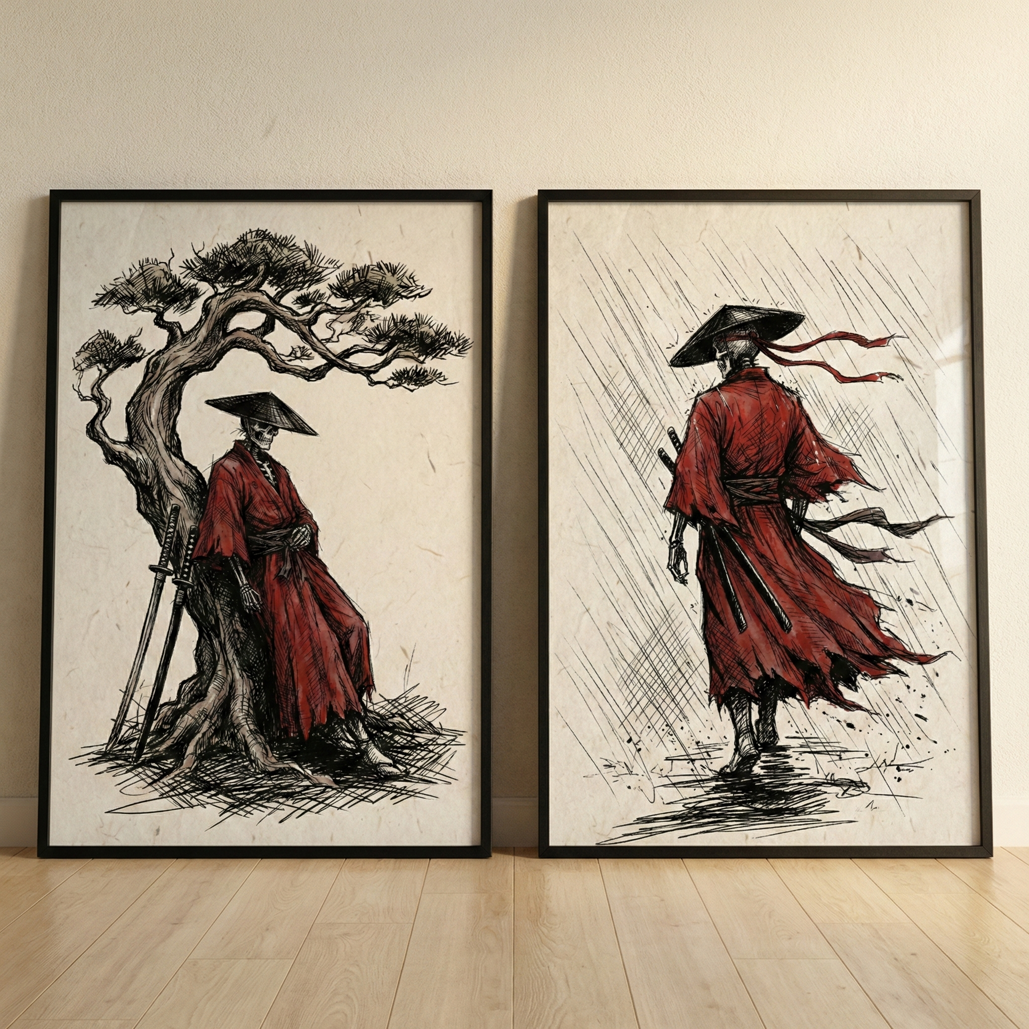Skeleton Samurai Wall Art Set of 2 - The Undead Ronin