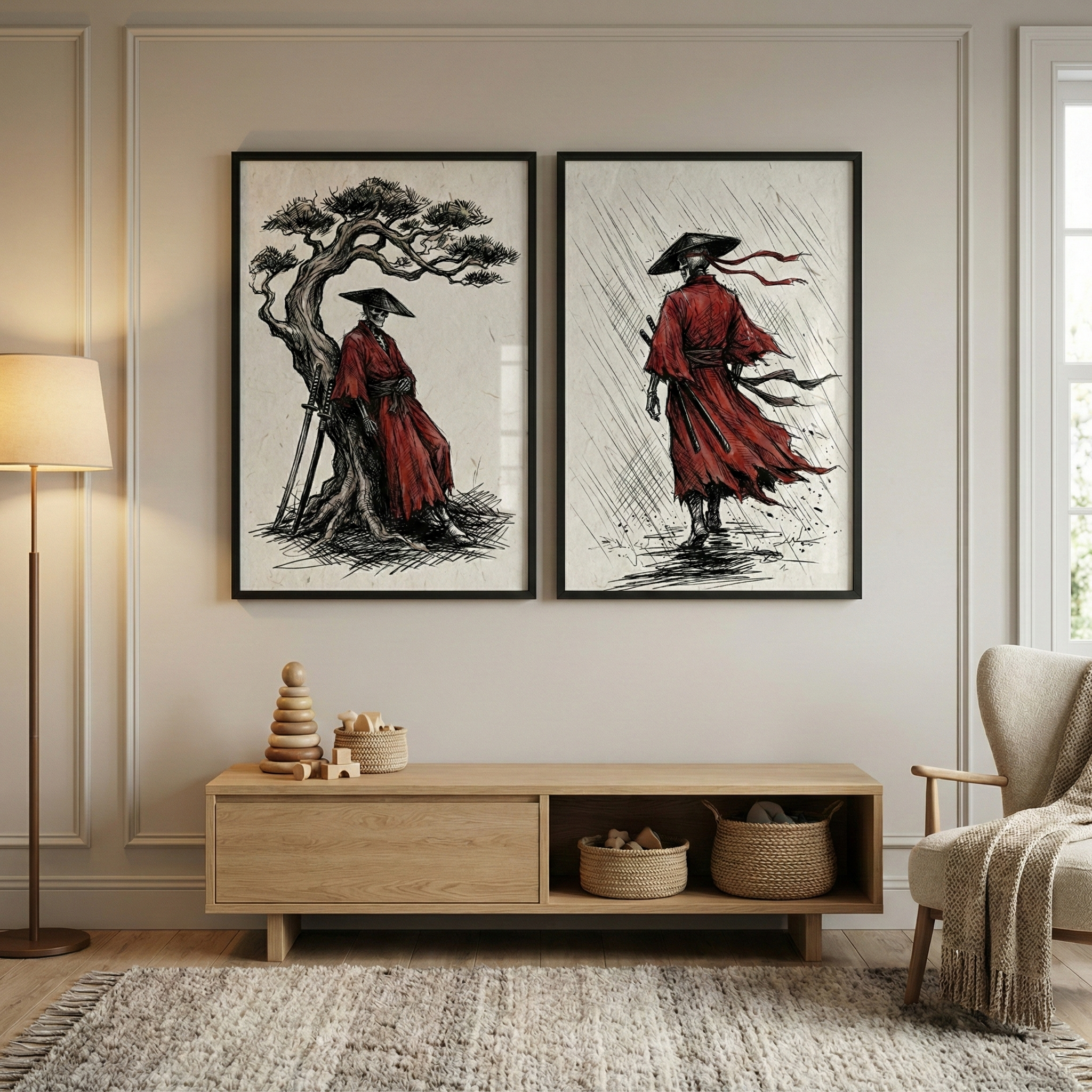 Skeleton Samurai Wall Art Set of 2 - The Undead Ronin