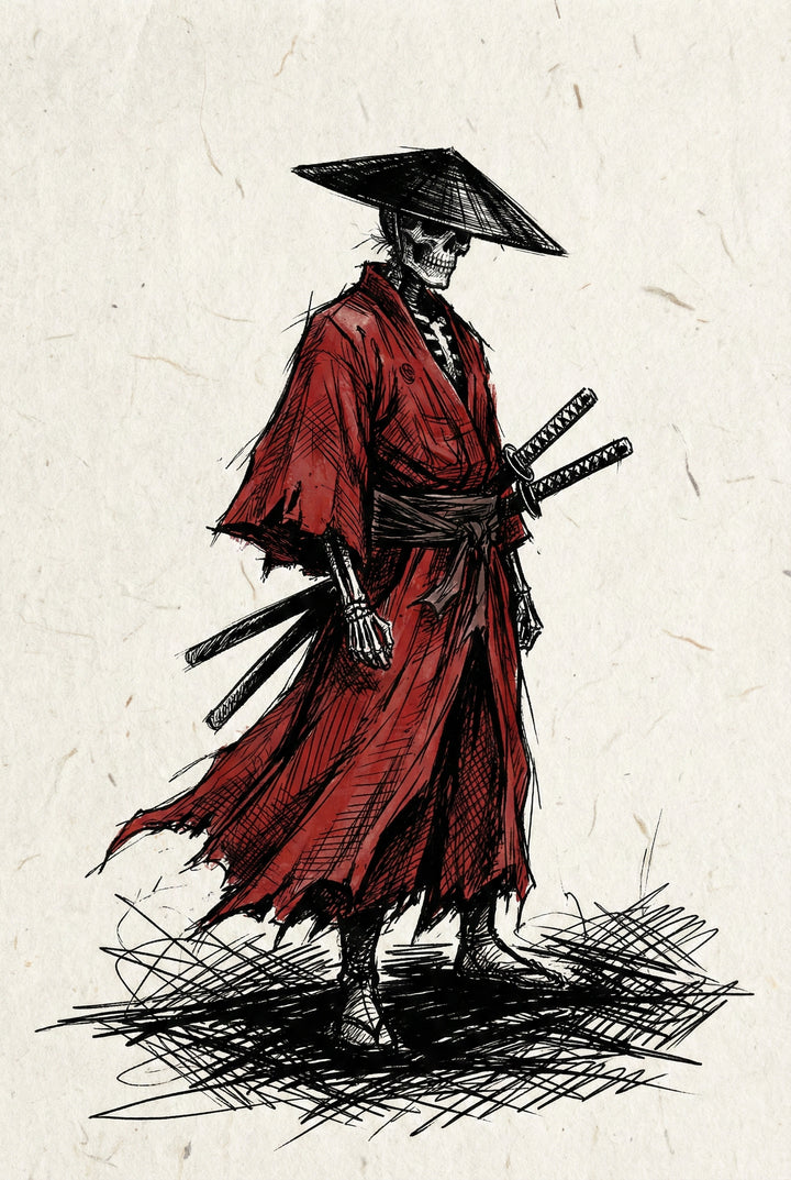 An ink illustration on textured, off-white paper depicts a skeletal figure dressed as a ronin. The figure wears a tattered deep red robe and a black, wide-brimmed conical hat. Two long, curved swords are tucked into a dark sash at its waist. Heavy black ink hatching and cross-hatching provide depth and shadow. The skeleton's ribcage and bony hands are visible. The ground beneath its feet is rendered with chaotic, expressive black lines.