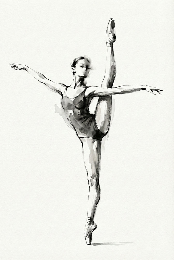 Black and white watercolor of a ballerina balancing on pointe with one leg extended high behind her. Her arms stretch outward in opposite directions, creating a strong vertical line.

