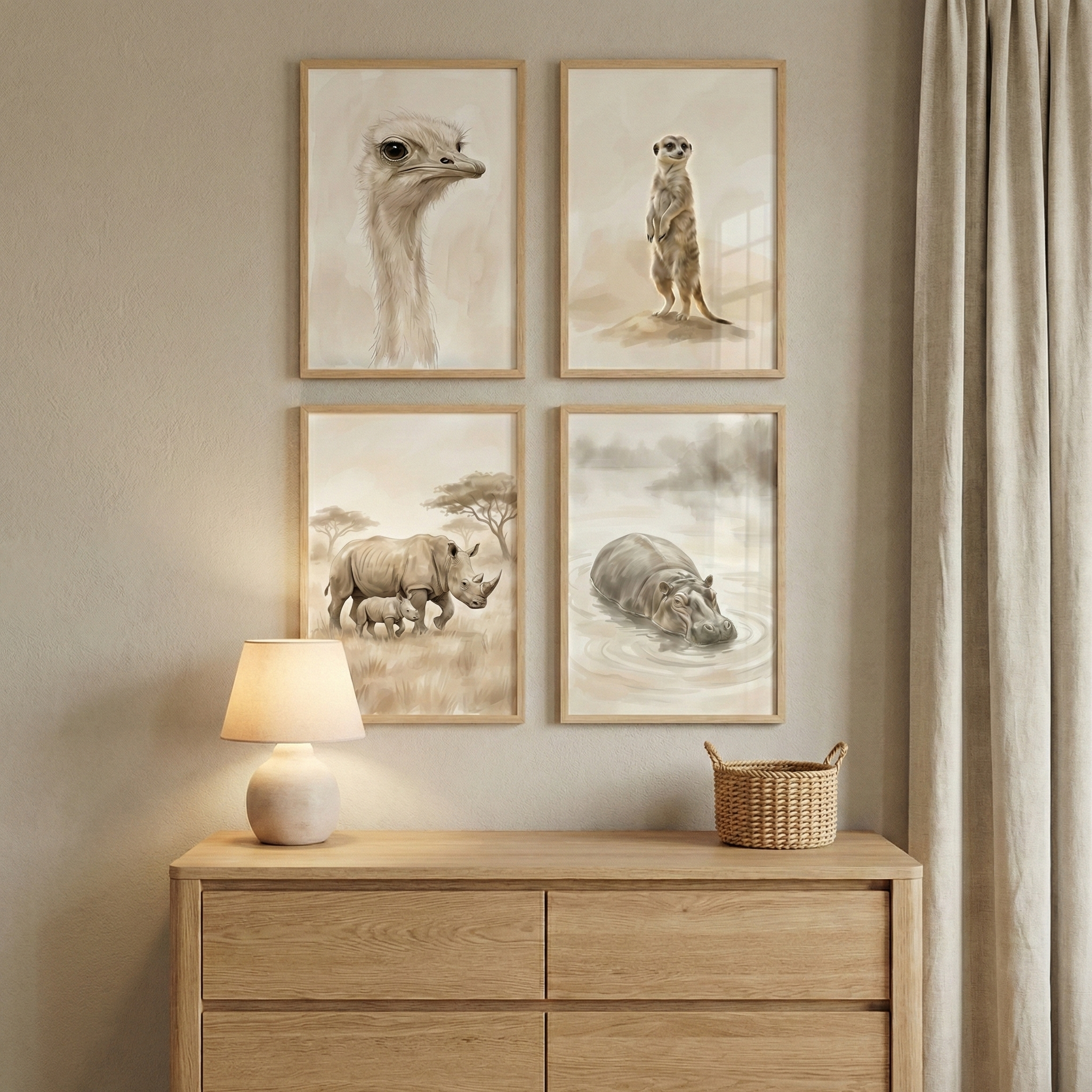 African Wildlife Artwork Set of 4 - Savannah Wildlife Portraits