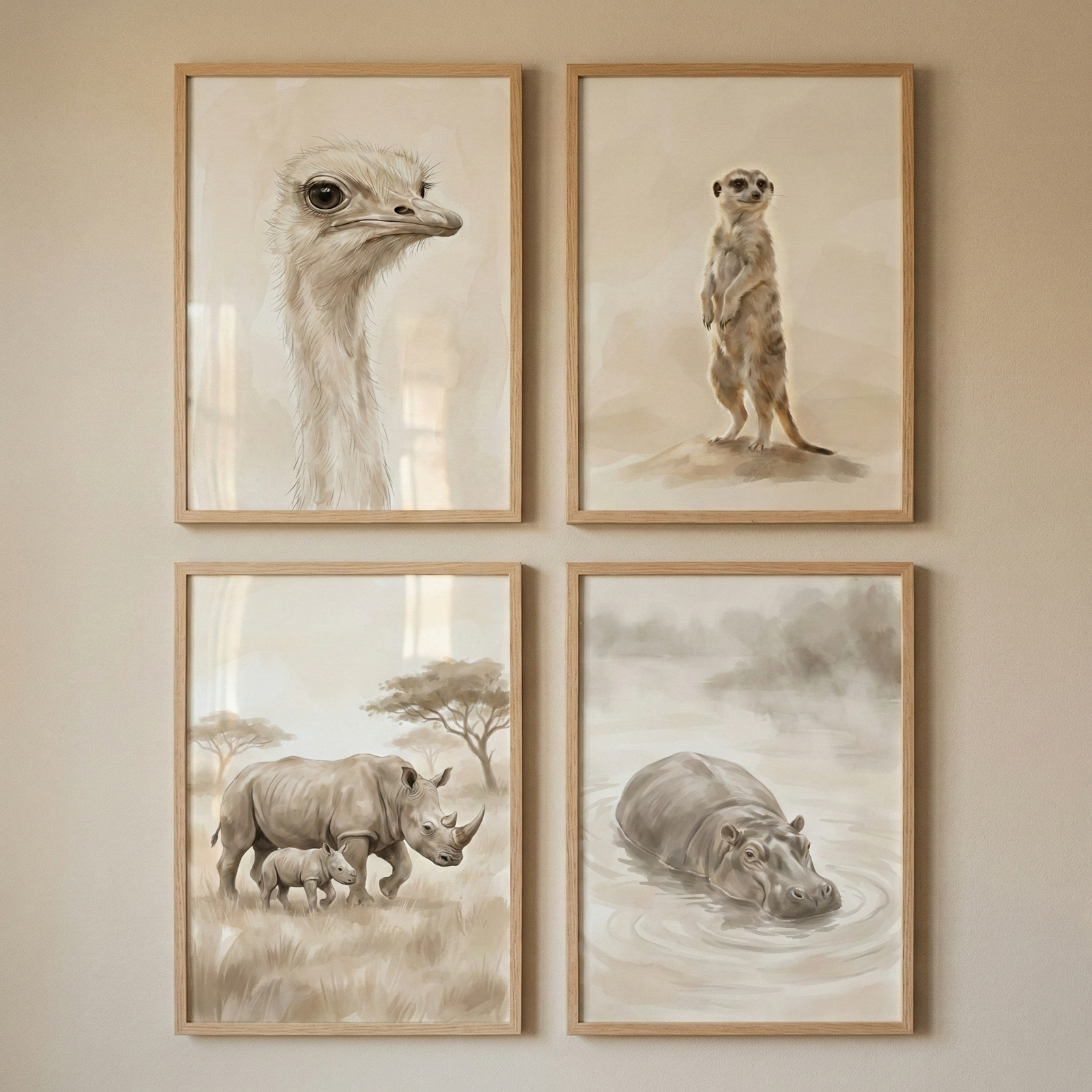 A collection of four framed wall art pieces is displayed in a two-by-two grid against a neutral, cream-colored wall. Each artwork is encased in a simple, light-colored wooden frame with thin borders. The illustrations are rendered in a soft, sketch-like style using a monochromatic palette of warm sepia, beige, and cream tones. They depict various wild animals in their natural settings:
