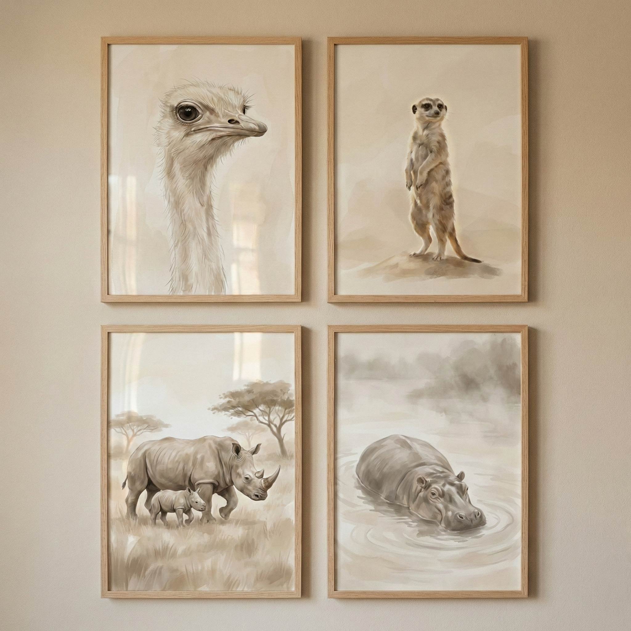 African Wildlife Artwork Set of 4 - Savannah Wildlife Portraits