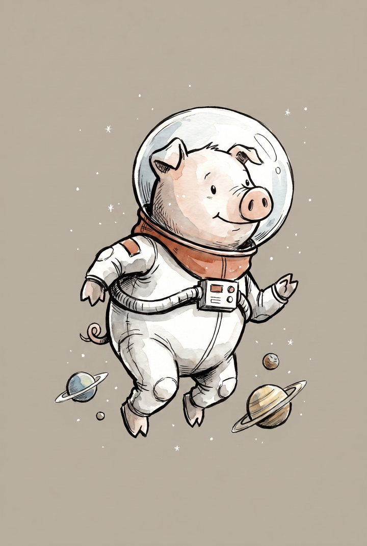 Cute pig in an astronaut suit floats past planets and stars in this sketch style space pig wall art.