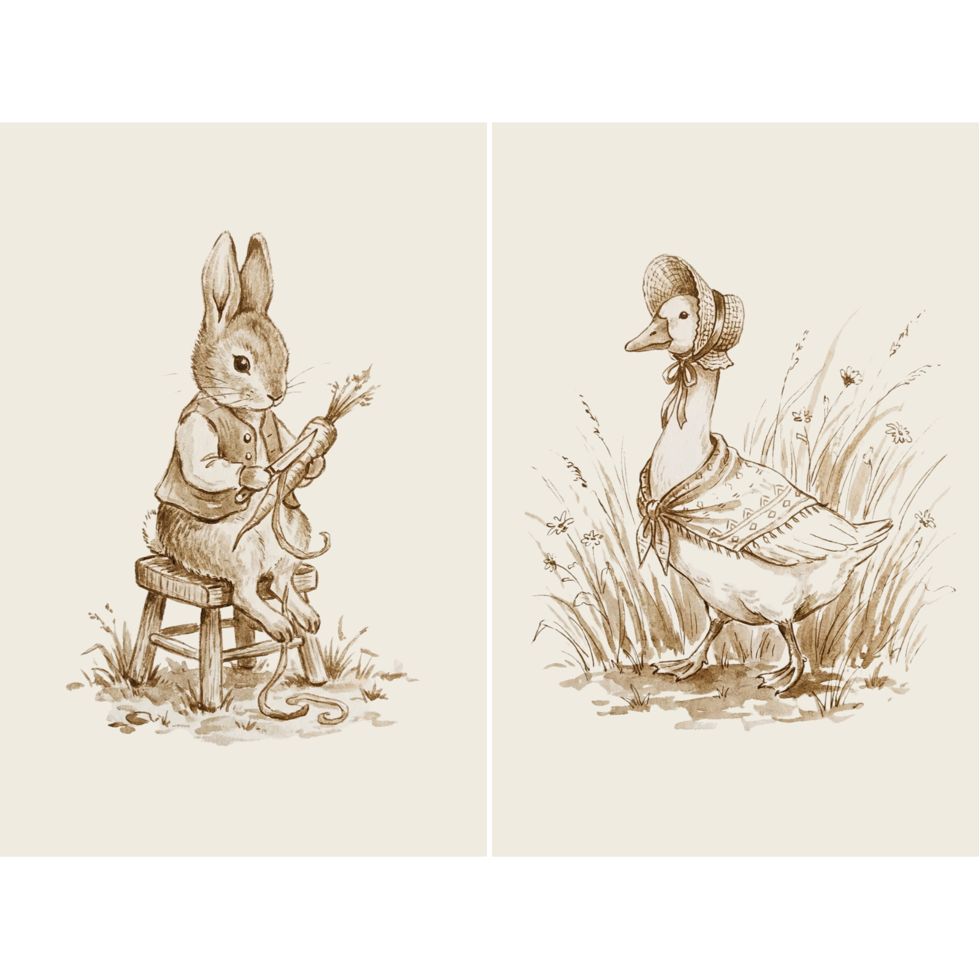 Sketched Vintage Garden Animal Wall Art Set of 2 - Vintage Storybook Sketches