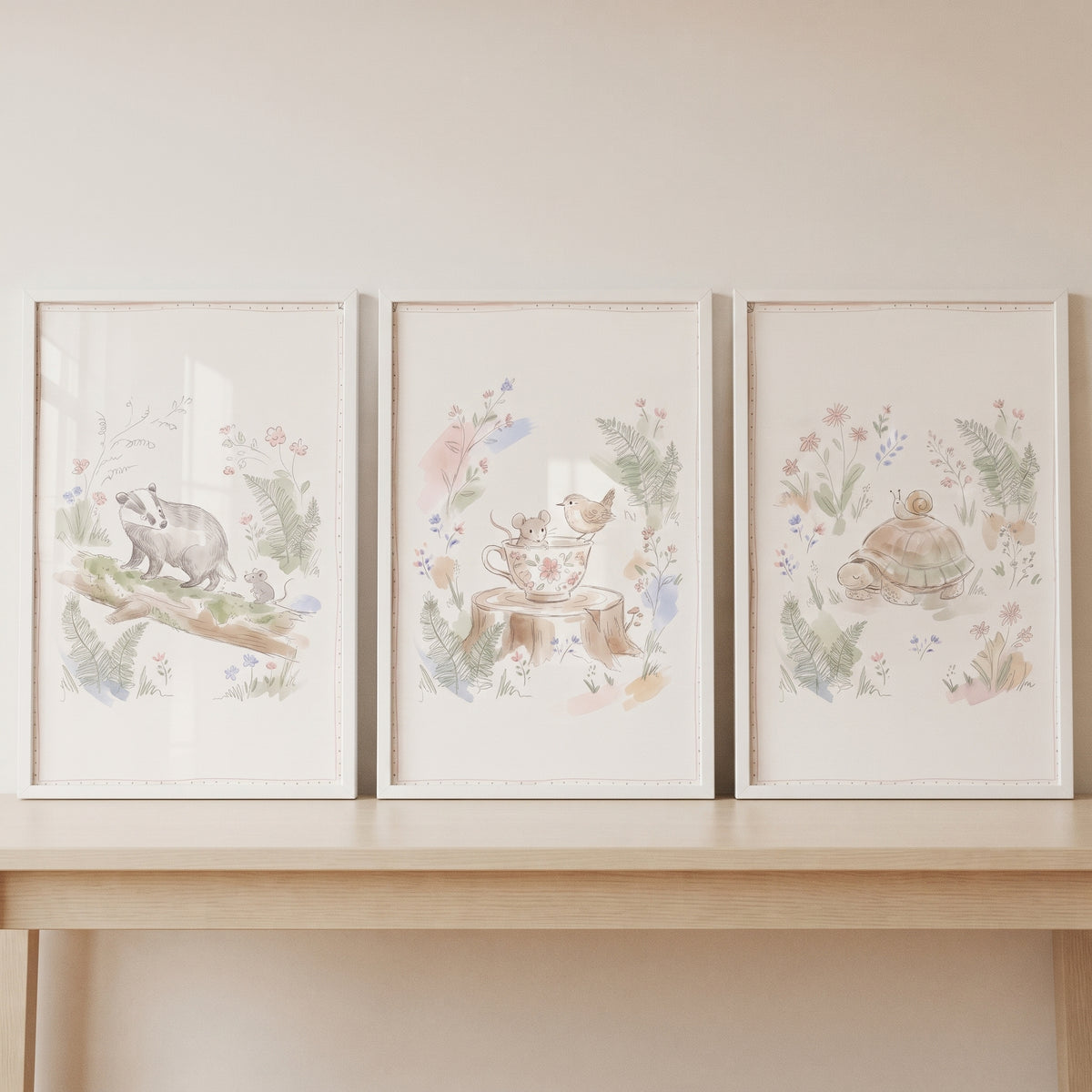 Sketched wildflower woodland animal wall art set of 3 shows a badger, a mouse in a teacup, and a turtle on a shelf.
