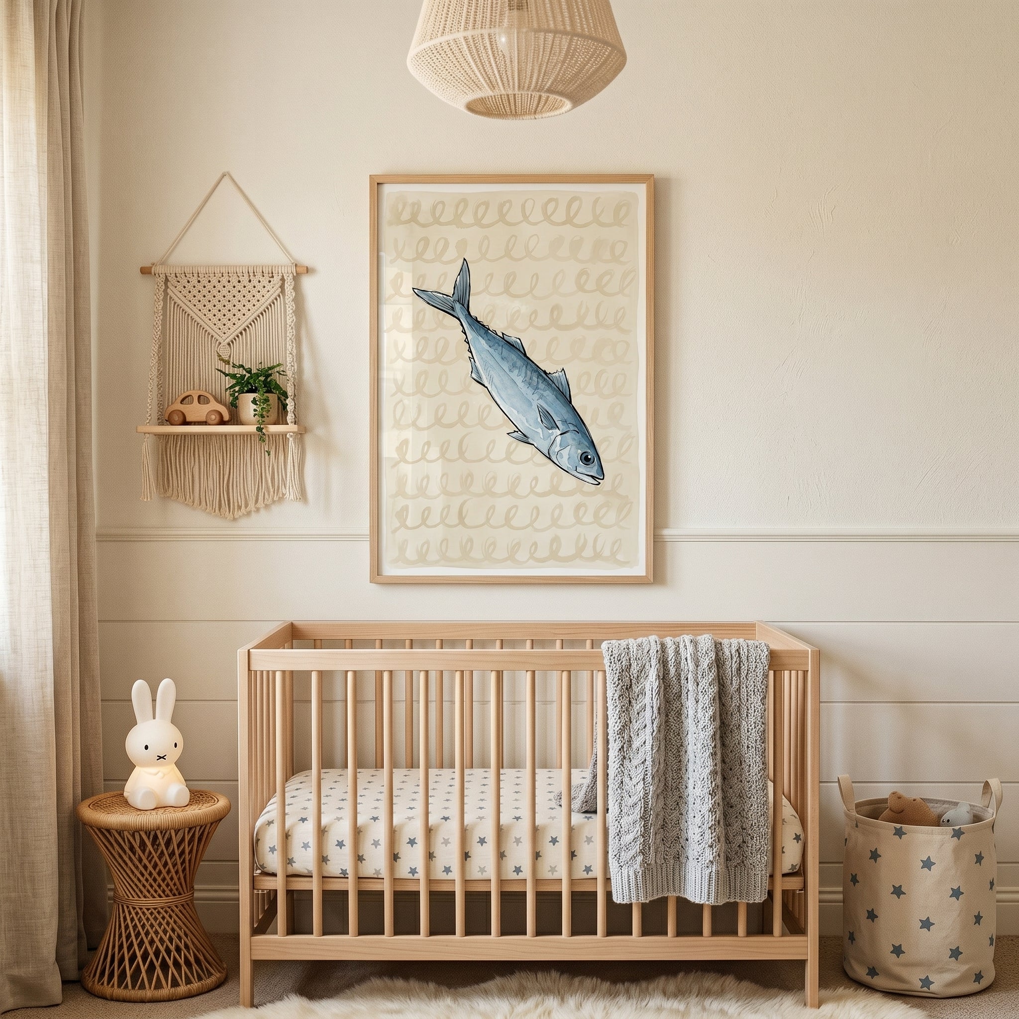 Sketchy Silver Blue Mackerel Fish Wall Art - Silver Sea Swirls