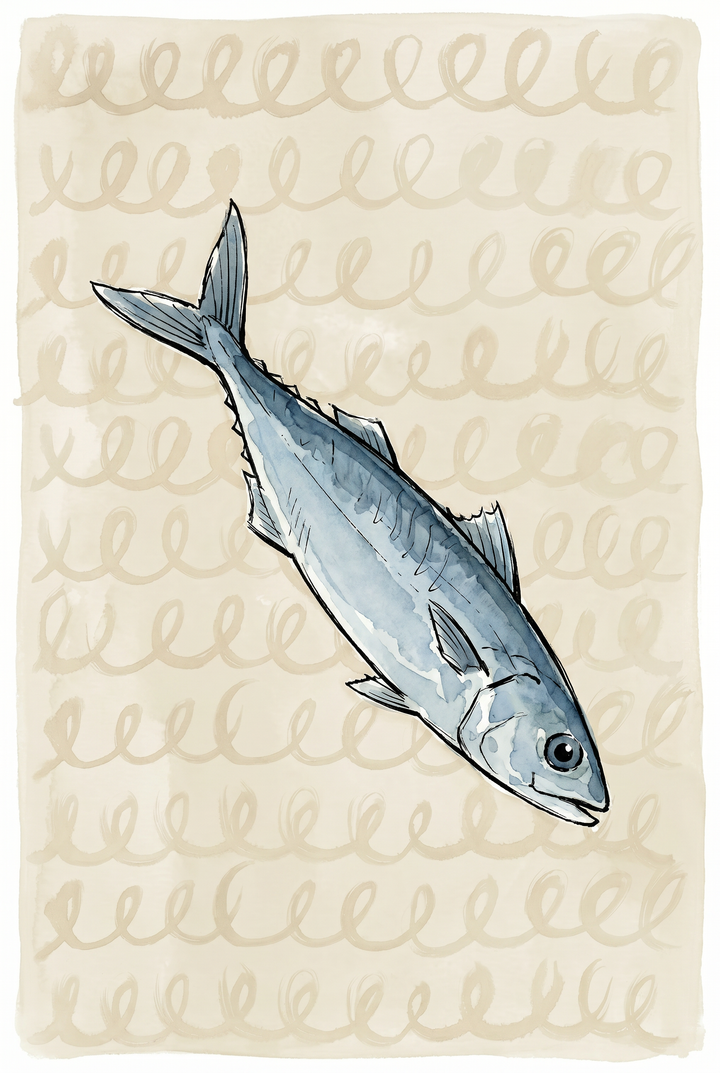Sketchy silver blue mackerel fish wall art on a cream background with rows of decorative swirling lines.