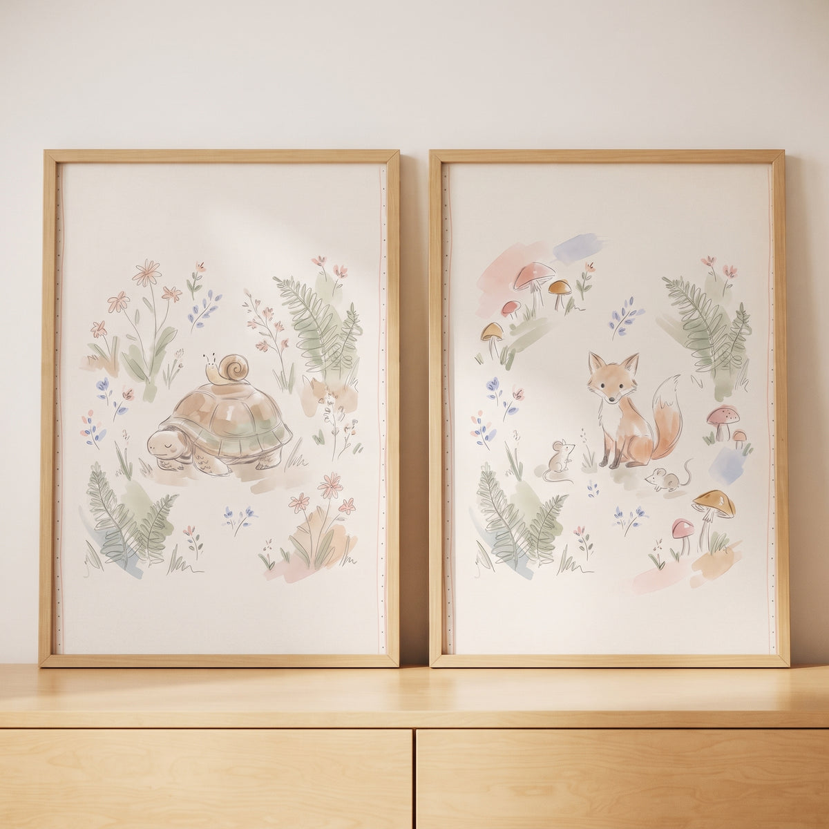 Sketchy Watercolor Woodland Animal Wall Art Set of 2 - Gentle Meadow Tales
