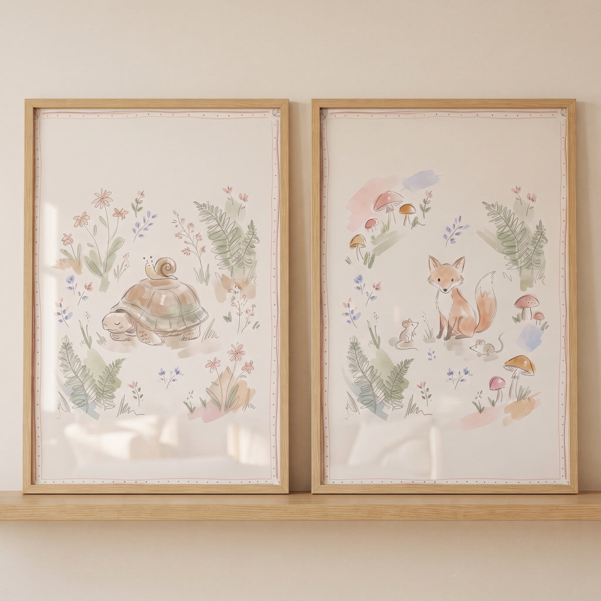 Sketchy watercolor woodland animal wall art set of 2 featuring a fox, turtle, snail, and mice among forest foliage.