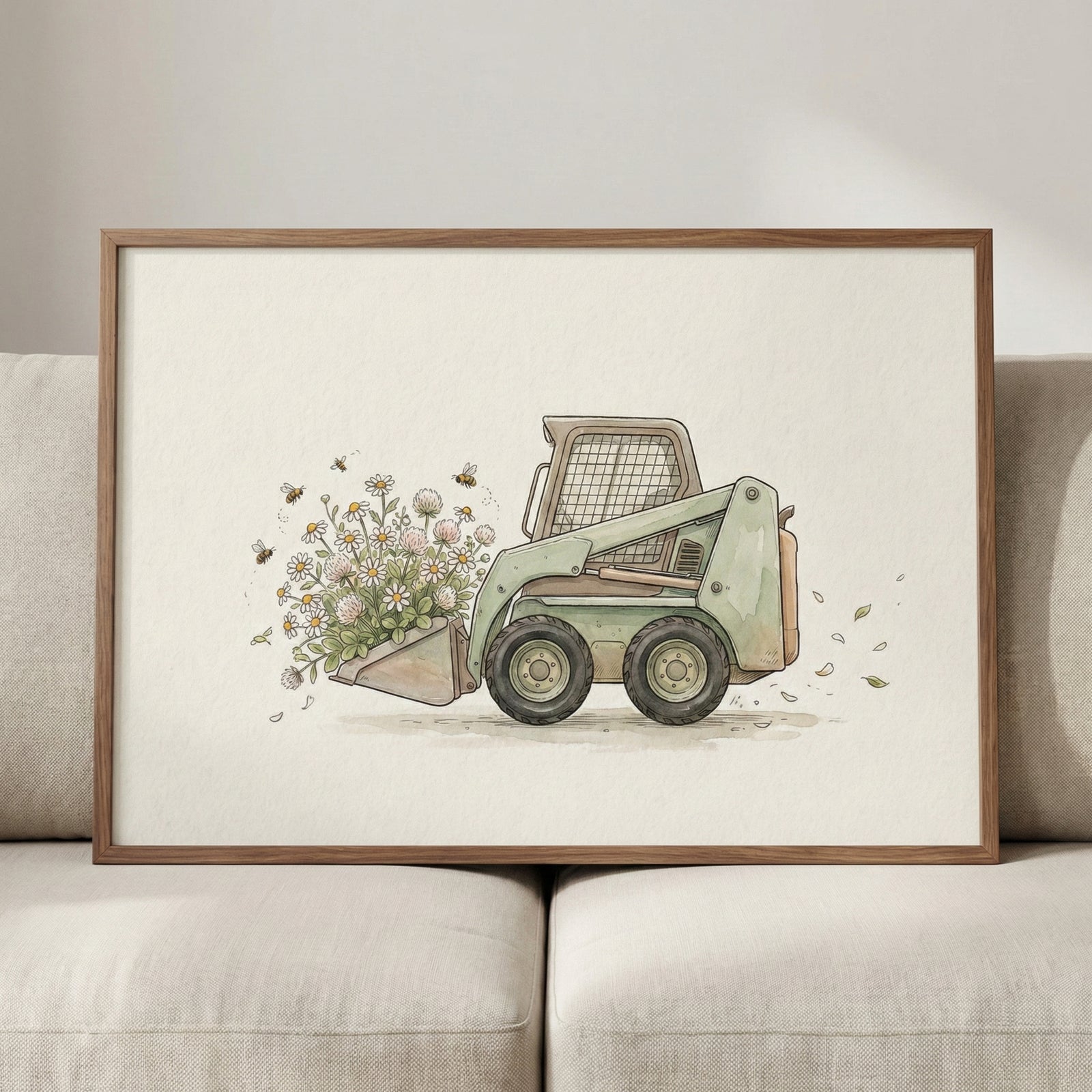Framed watercolor of a green skid steer filled with blooming wildflowers like daisies and clover, surrounded by buzzing bees. Displayed on a beige couch with a natural wood frame