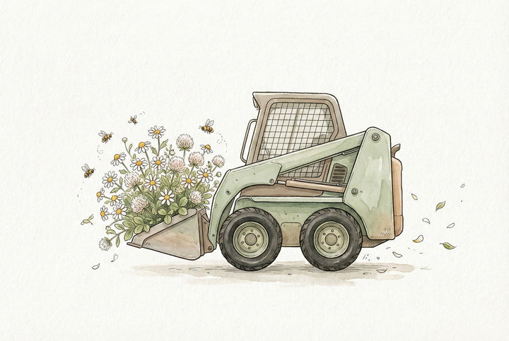 Watercolor illustration of a green skid steer loader with its front bucket filled with blooming daisies and clover flowers, surrounded by buzzing bees. The whimsical scene playfully contrasts rugged machinery with the gentleness of pollinators and wildflowers.
