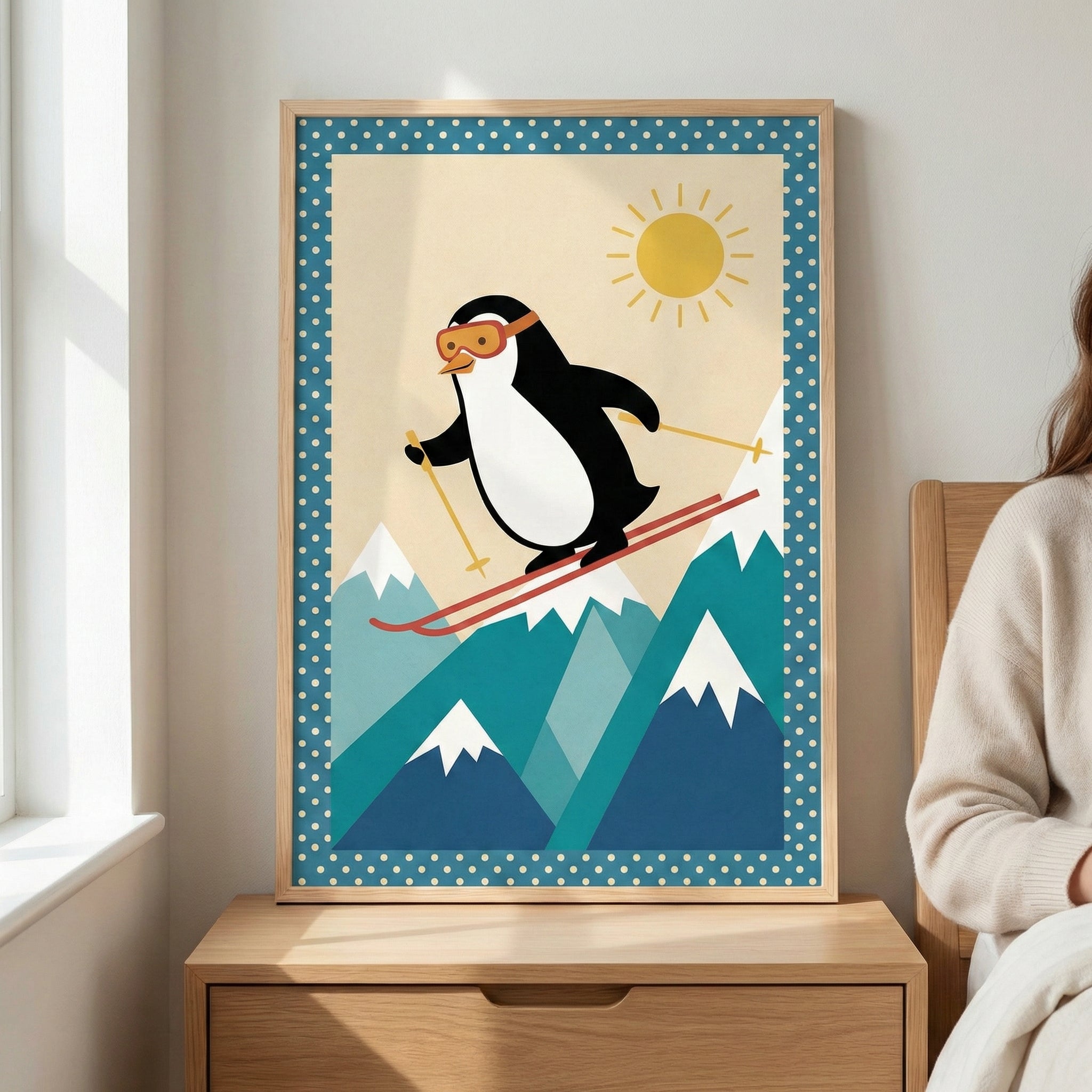 Skiing Penguin Mid-century Modern Style Wall Art - Arctic Alpine Slalom