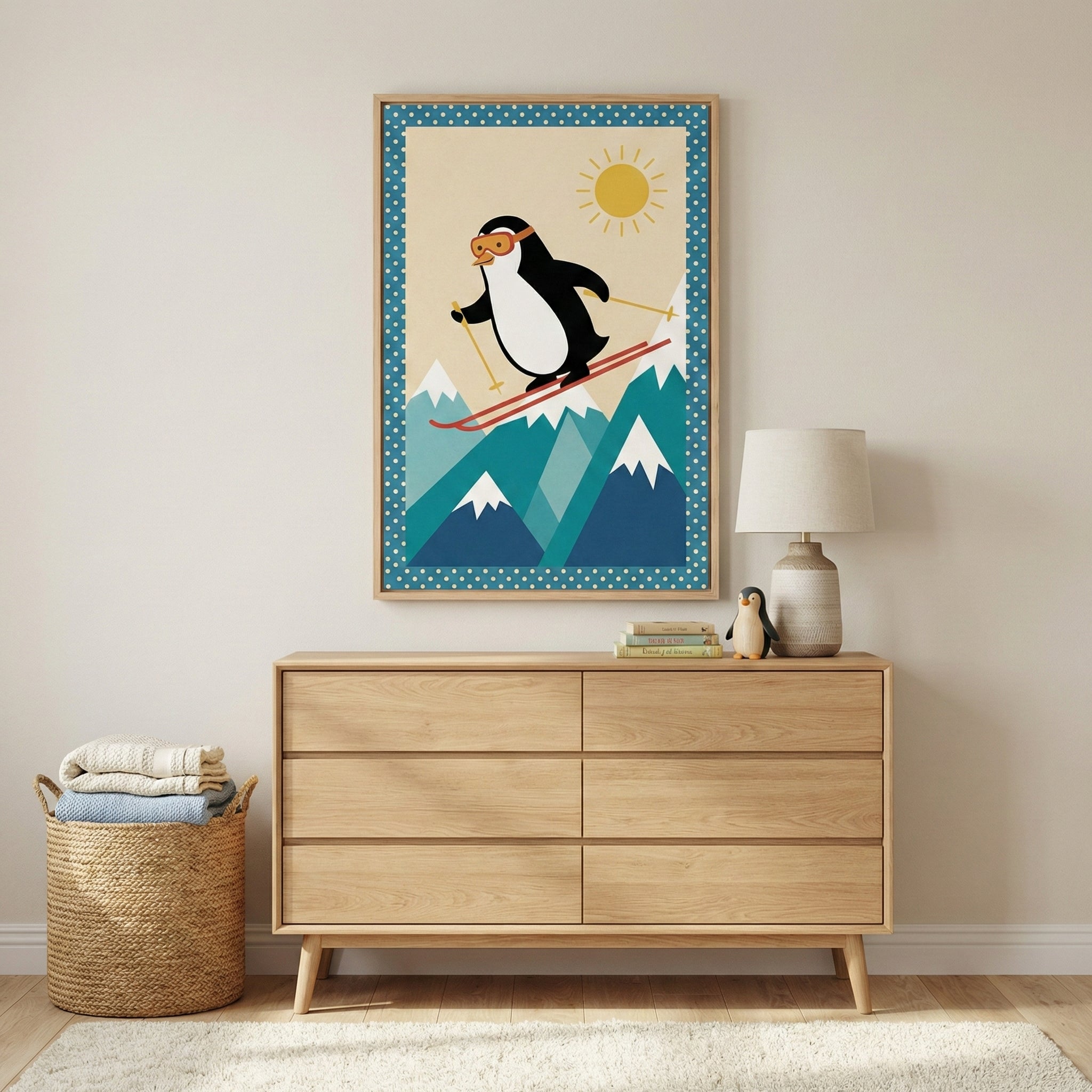 A light wood dresser sits against a neutral wall, topped with a lamp, a few books, and a small penguin figurine. Above it, a framed illustration shows a cartoon penguin skiing down snowy mountains under a yellow sun, bordered by a blue polka-dot pattern. To the left, a woven basket holds folded blankets, and a white plush rug lies on the floor.