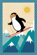 A penguin in orange goggles skis downhill using yellow poles against a backdrop of layered snowy mountains and a bright yellow sun.
