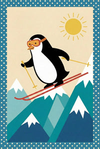 A penguin in orange goggles skis downhill using yellow poles against a backdrop of layered snowy mountains and a bright yellow sun.
