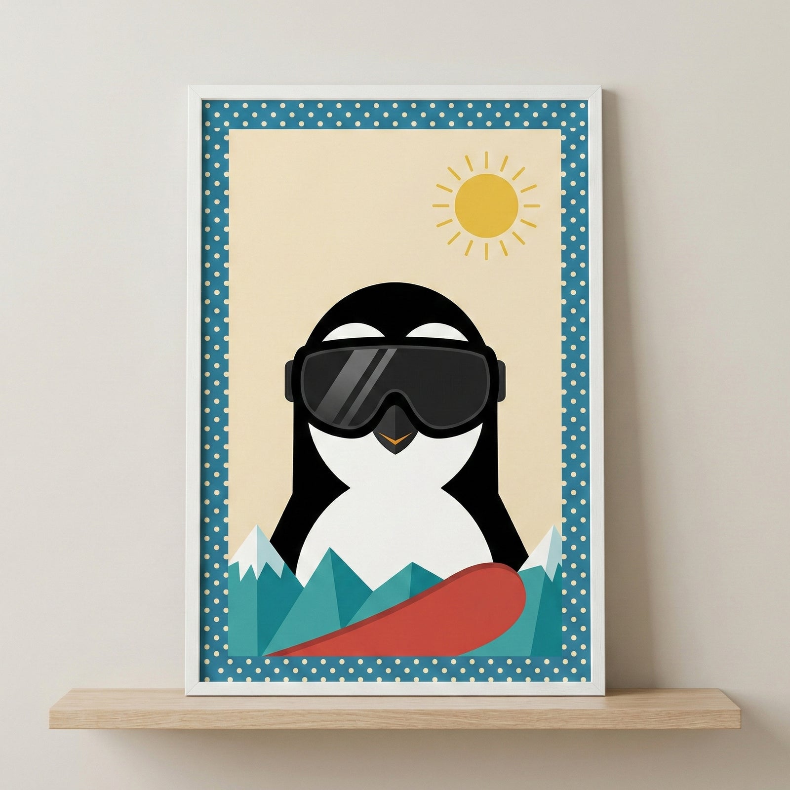 A framed minimalist illustration of a stylized penguin wearing black ski goggles, set against a background of snowy mountains and a red snowboard. A simple yellow sun shines in the sky. The artwork features a blue polka-dot border and is displayed on a wooden shelf.